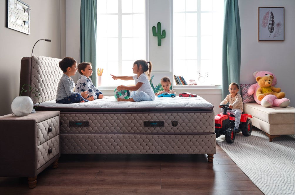 Тапицирано легло «Borjen» + Матрак и табла - с място за съхранение, табла с LED осветление, матрак с бор минерали