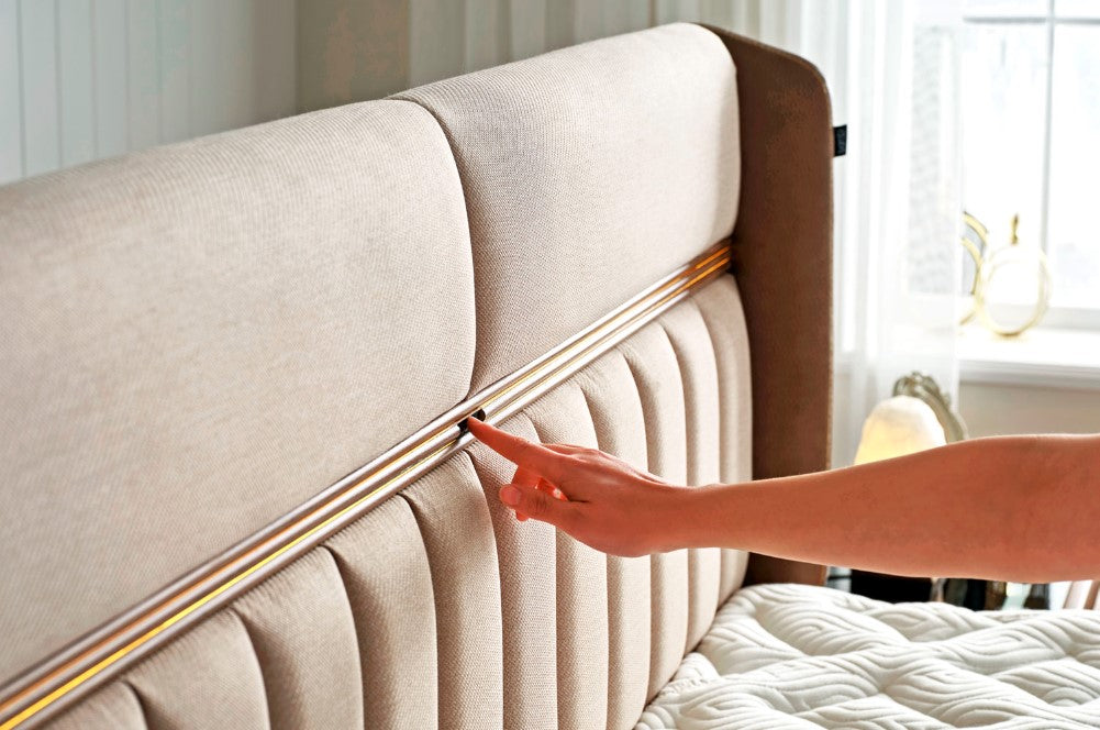 Тапицирано легло «Biosalt» + Матрак и табла - с място за съхранение, табла с LED осветление, матрак с каменна сол