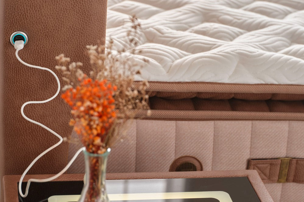 Тапицирана табла за легло «Biosalt» с LED осветление, с USB зарядна станция