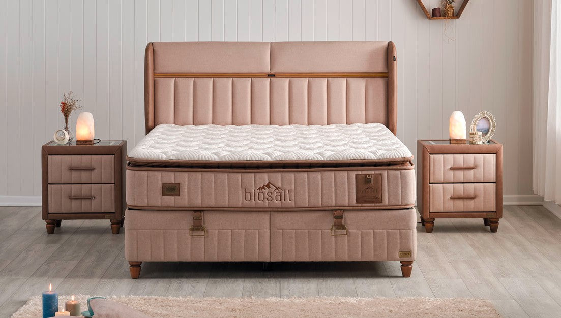 Тапицирана основа за легло «Biosalt» с място за съхранение, повдигащ механизъм, система за безшумно затваряне