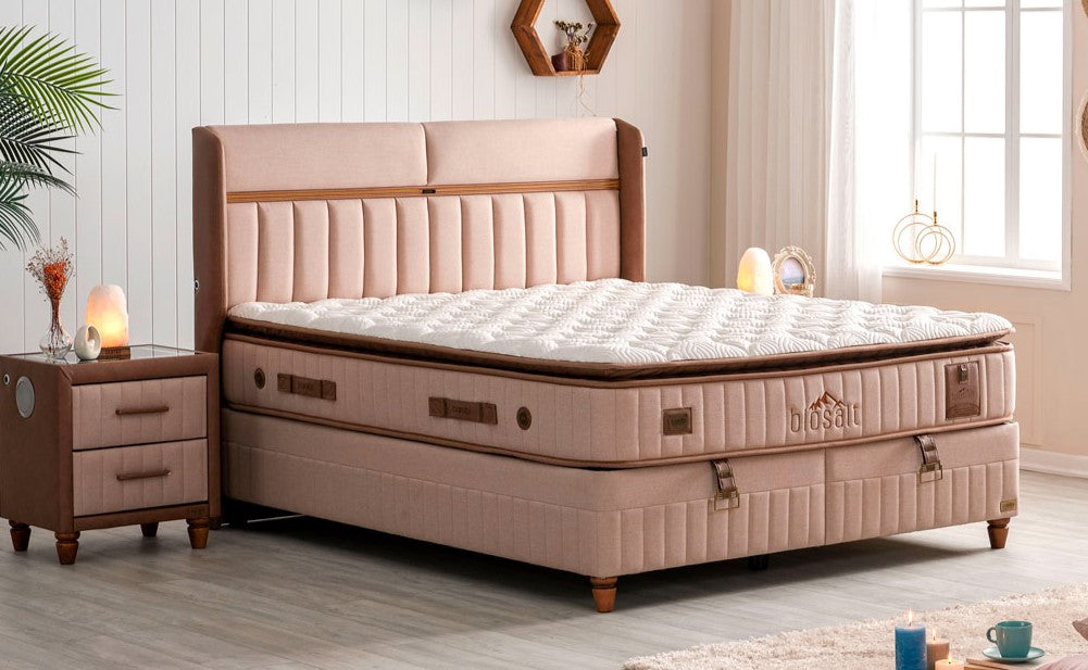 Тапицирано легло «Biosalt» + Матрак и табла - с място за съхранение, табла с LED осветление, матрак с каменна сол