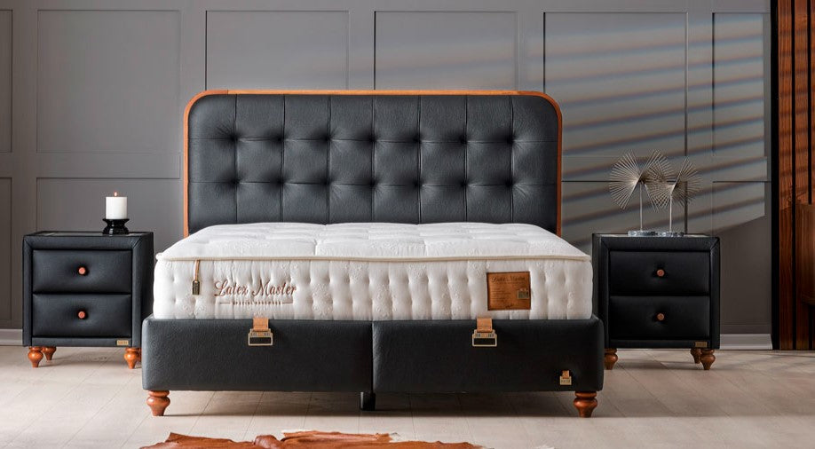 Тапицирано легло «Latex Master» + Матрак и табла - с място за съхранение, матрак с латекс и естествен памук