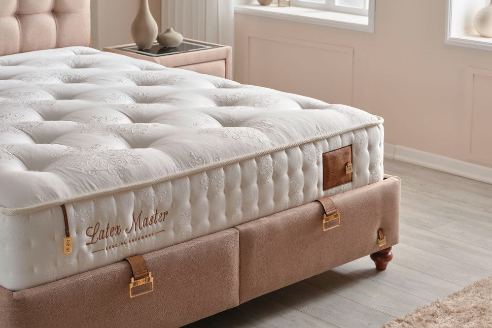 Тапицирано легло «Latex Master» + Матрак и табла - с място за съхранение, матрак с латекс и естествен памук
