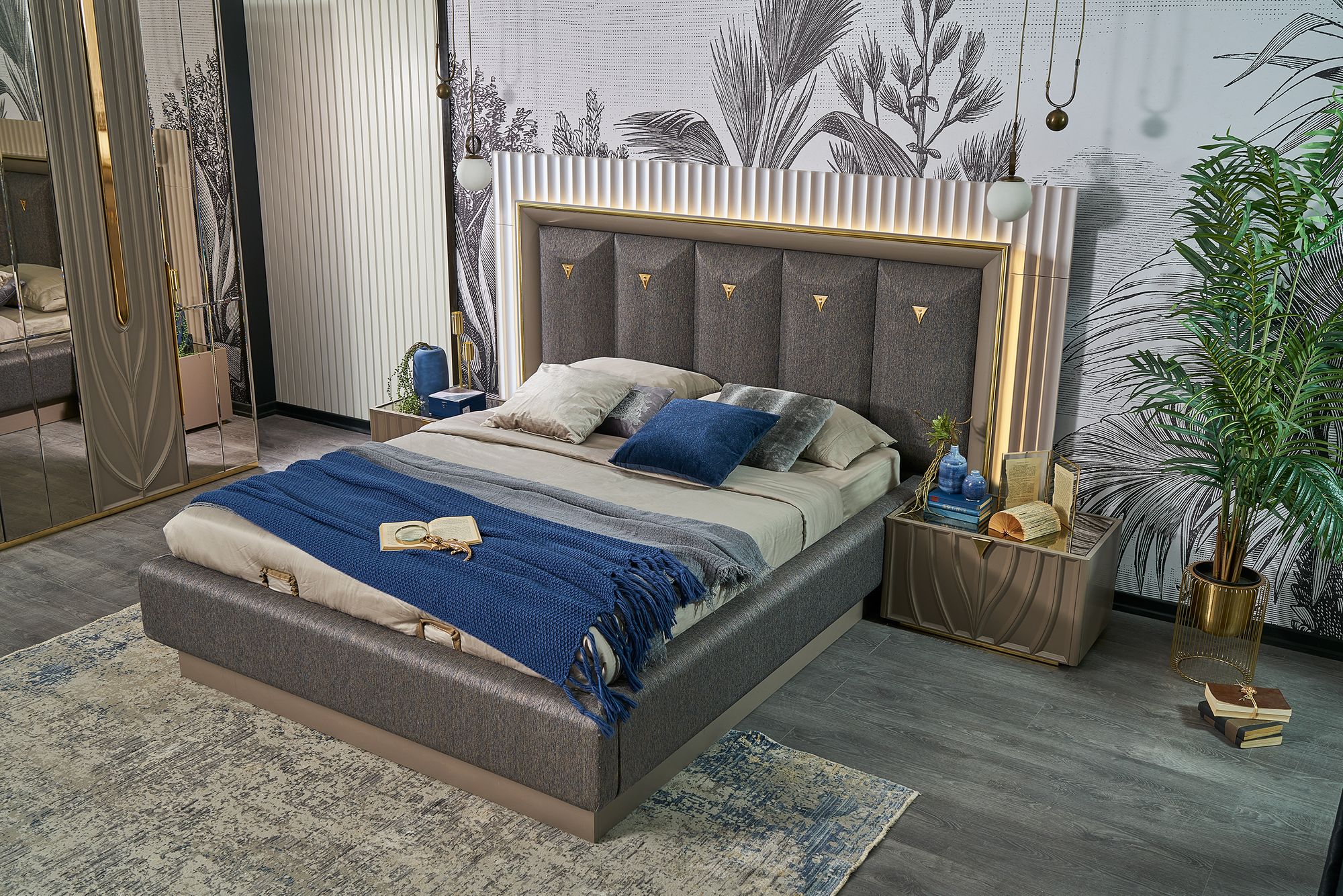 Тапицирано легло «Vals» + табла с осветление - с място за съхранение, повдигащ механизъм