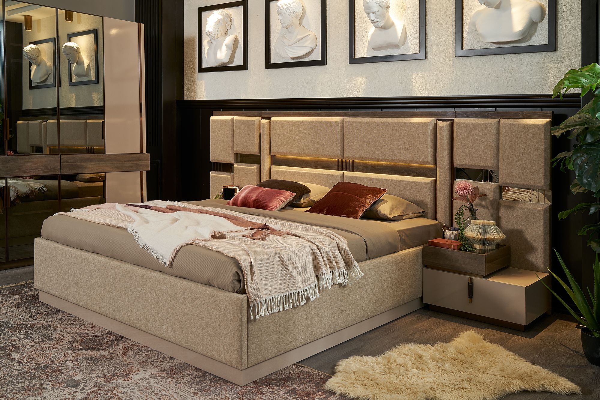 Тапицирано легло «Berlis» + табла с осветление - с място за съхранение, повдигащ механизъм