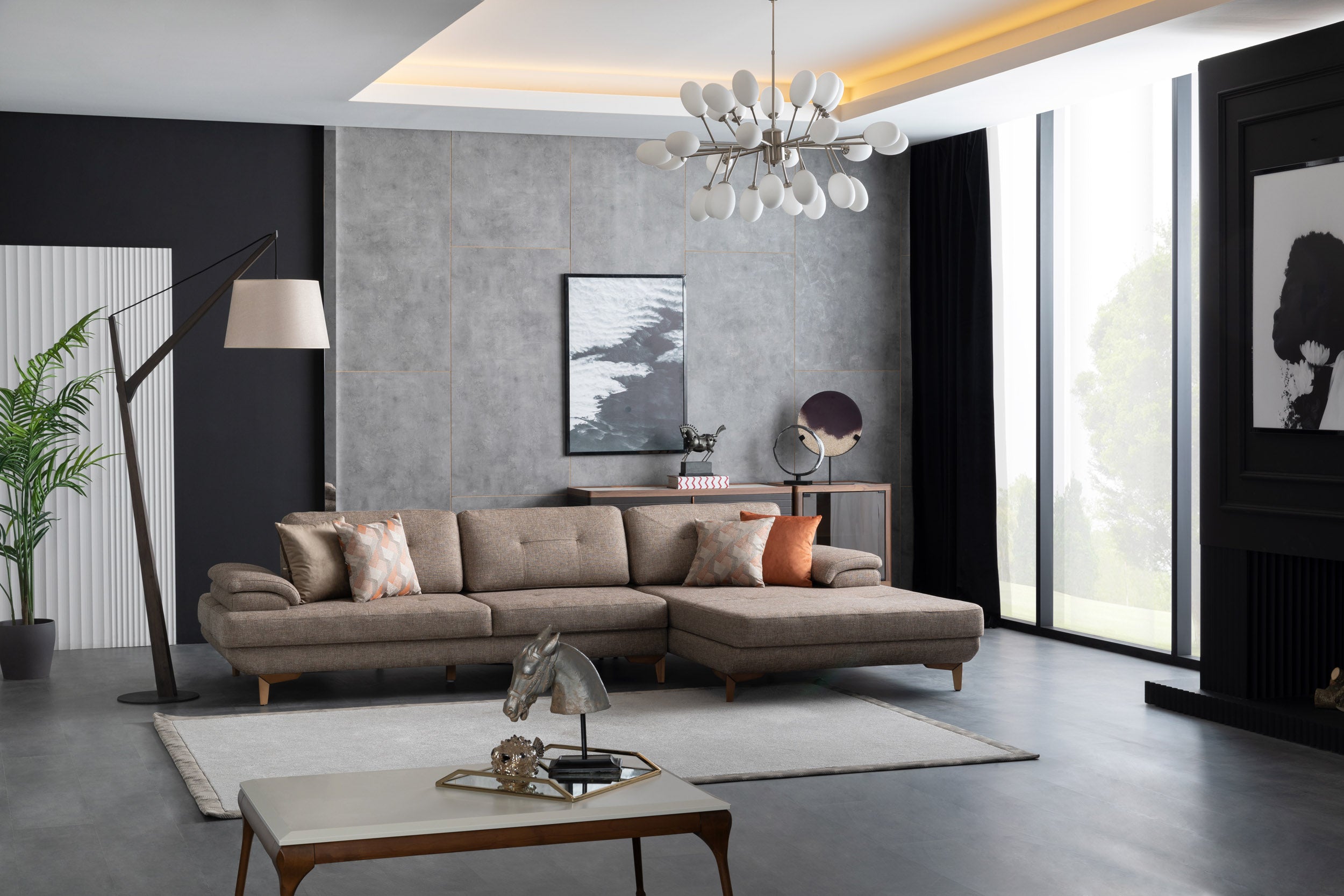 Ъглов разтегателен диван «Avensis» + декоративни възглавници, с подвижни подлакътници, ширина 325см