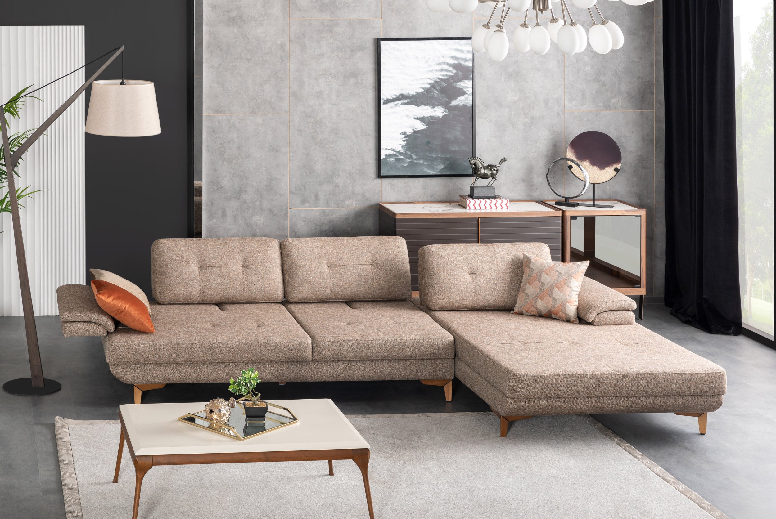 Ъглов разтегателен диван «Avensis» + декоративни възглавници, с подвижни подлакътници, ширина 325см