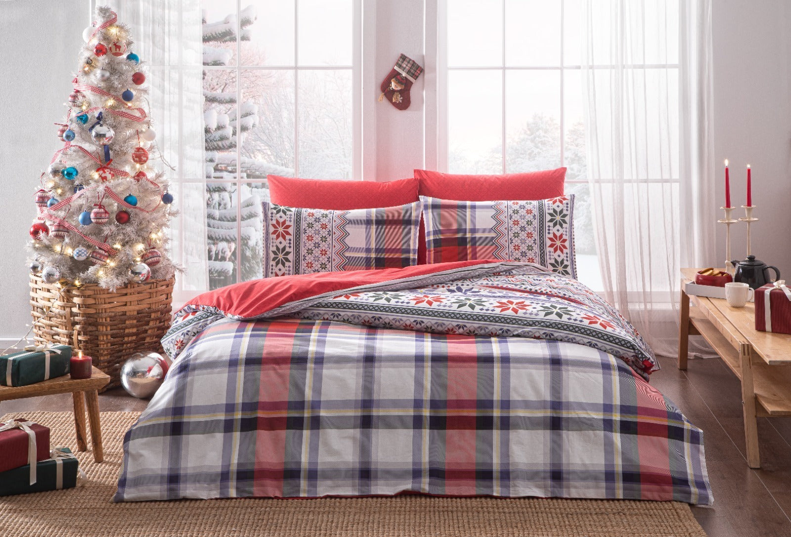 Двоен спален комплект «Faber Red» - 4 части, ранфорс, чаршаф с ластик