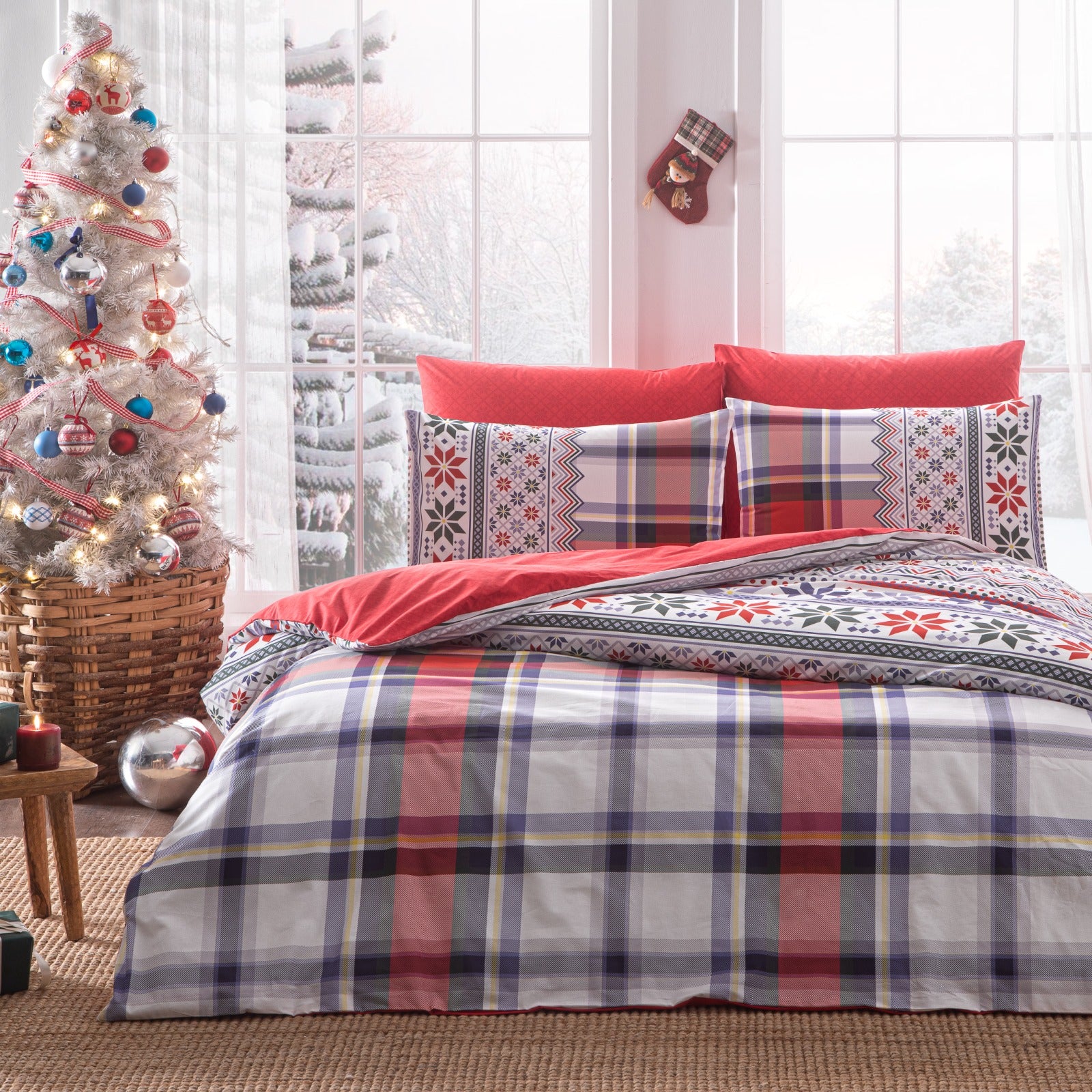 Двоен спален комплект «Faber Red» - 4 части, ранфорс, чаршаф с ластик