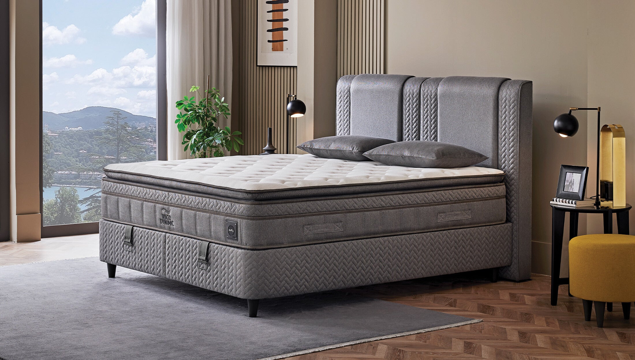 Тапицирано легло «Visco Dynamic» + Матрак и табла - с място за съхранение, матрак с технология Fresche