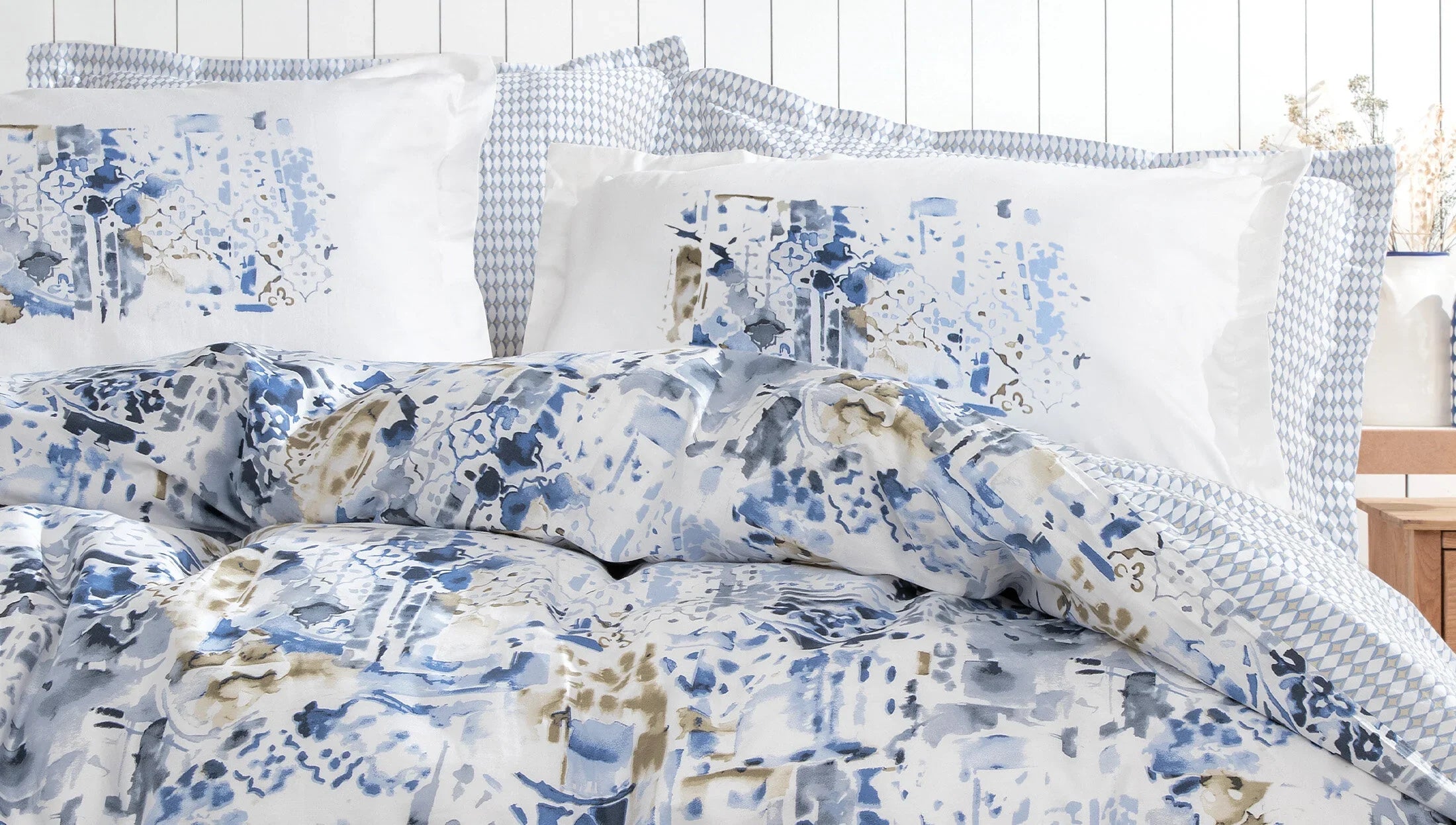 Двоен спален комплект «Marlen - Blue» - 4 части, памучен сатен