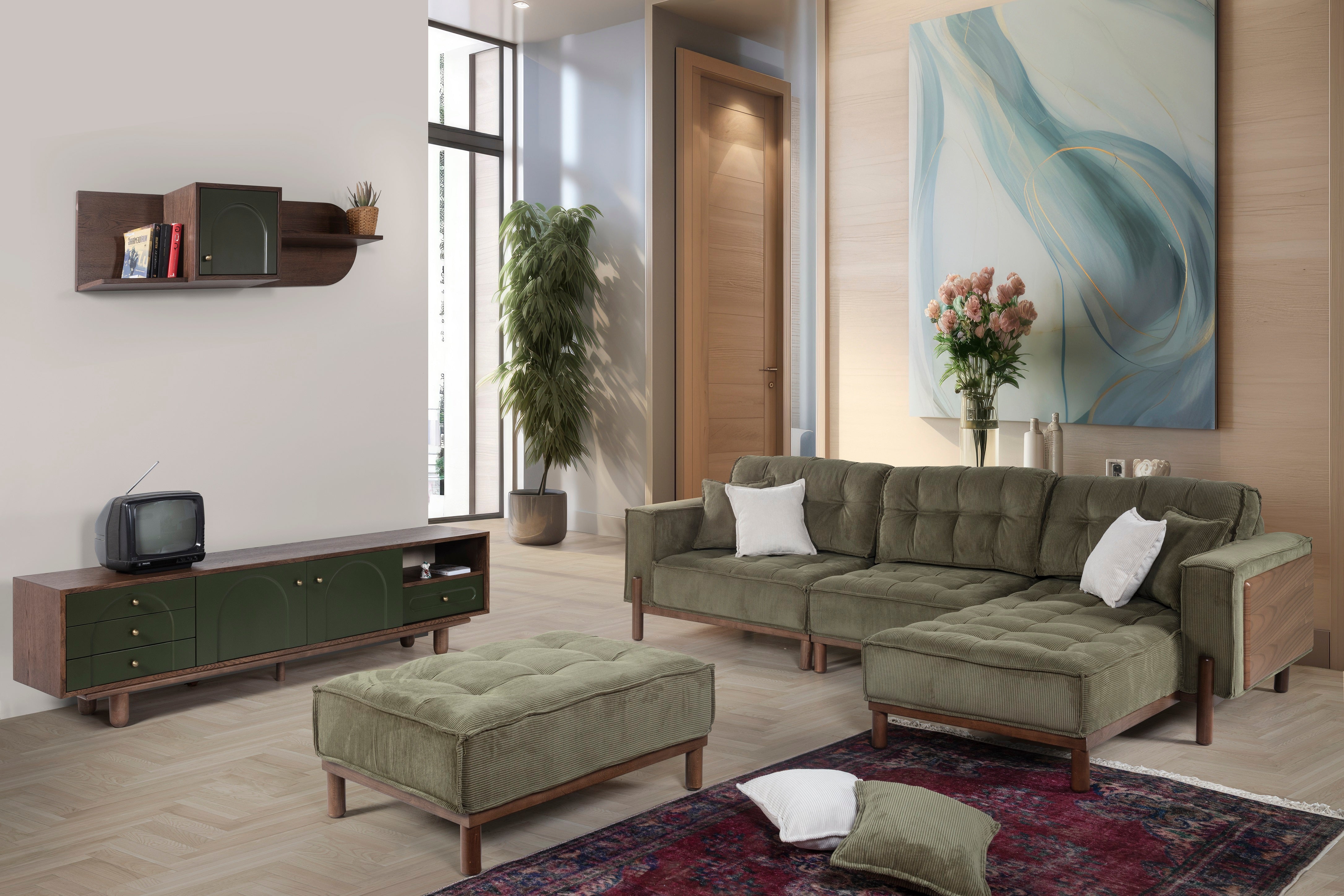 Модулен диван «Pamukkale» + декоративни възглавници, лежанка, 6 модула