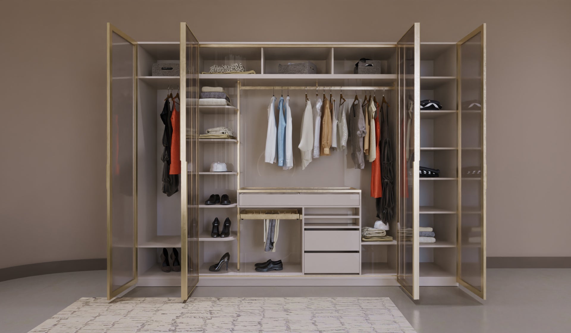 Модулен гардероб «Kapadokya» - 4 модула, с осветление, стъклени врати