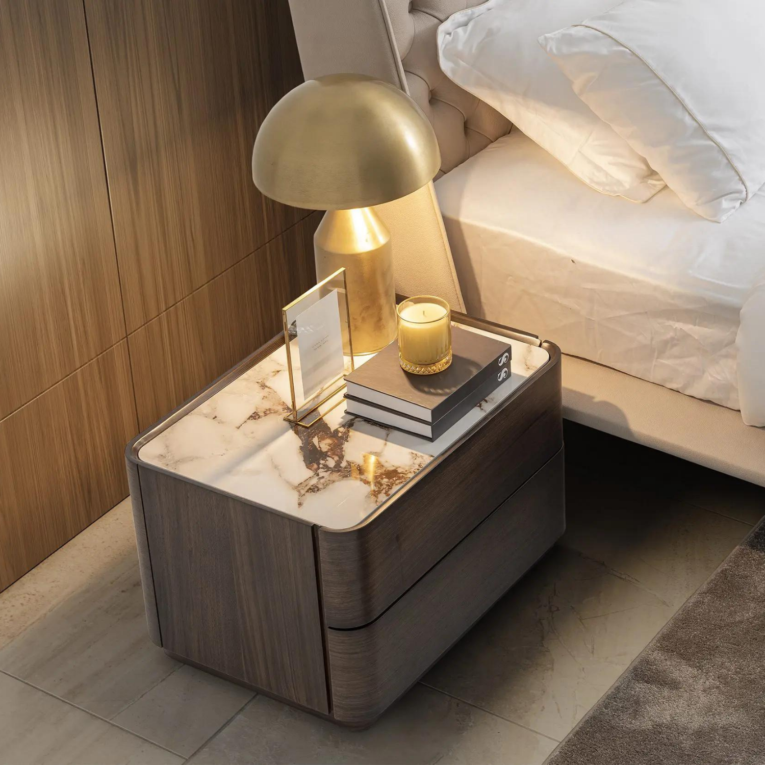 Нощно шкафче «Arel» + две чекмеджета, естествен фурнир, с керамичен плот, размер 62х39х48см