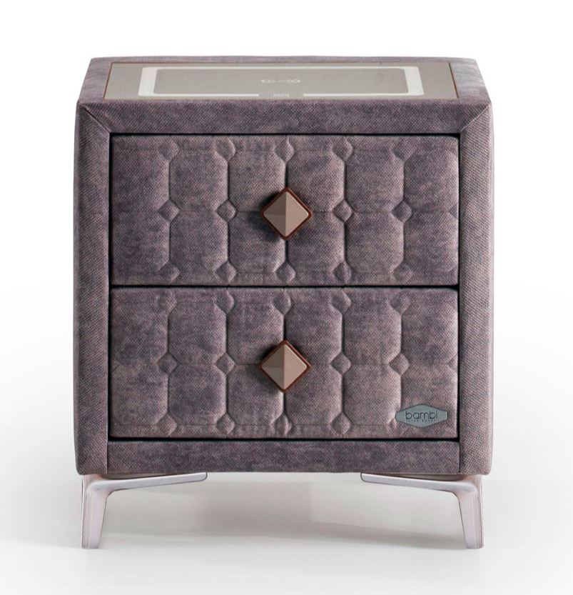 Тапицирано нощно шкафче «Sleepure» + две чекмеджета, с LED осветление, с музикална система и USB зарядна станция, размер 52х59х43см