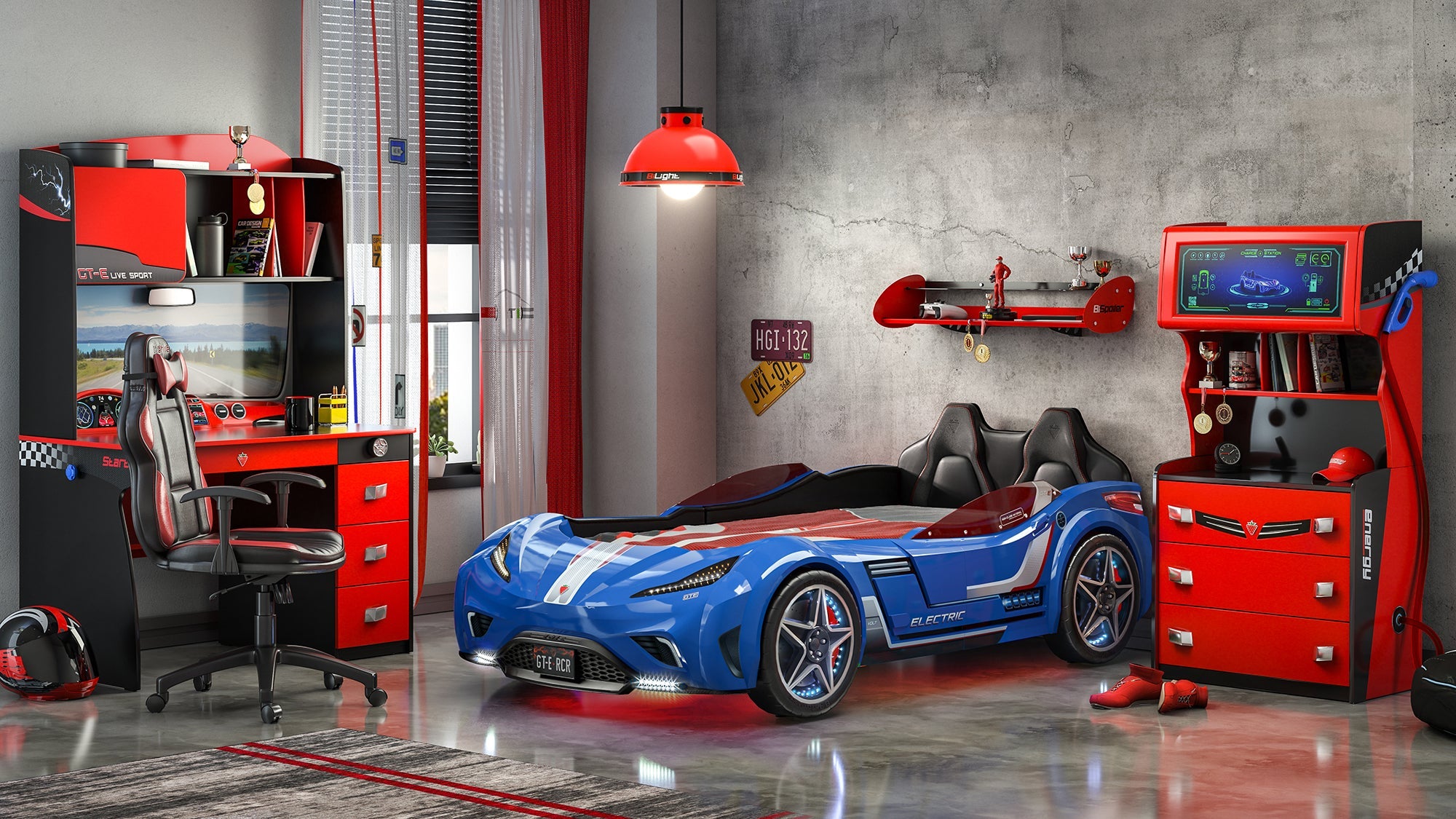 Легло-кола «GTE» + звук и LED осветление, с кожена тапицерия, цвят син, за матрак 100х190см