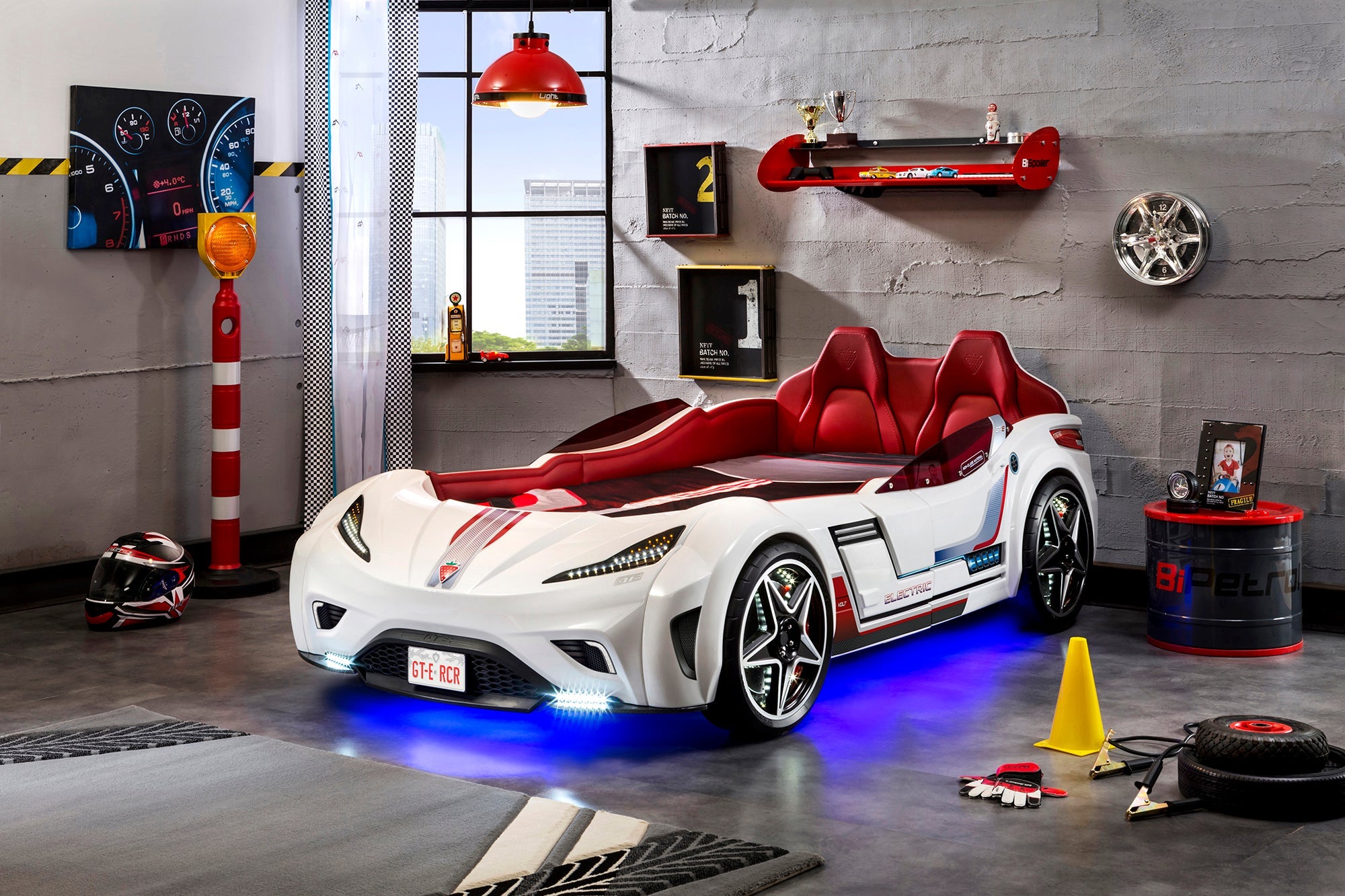 Легло-кола «GTE» + звук и LED осветление, с кожена тапицерия, цвят бял, за матрак 100х190см