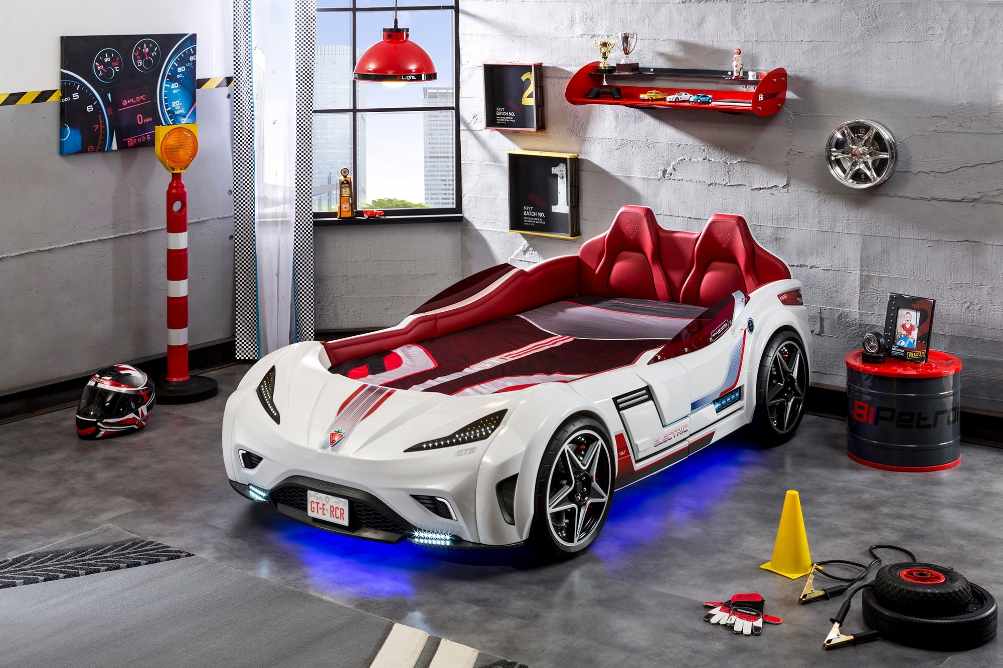 Легло-кола «GTE» + звук и LED осветление, с кожена тапицерия, цвят бял, за матрак 100х190см