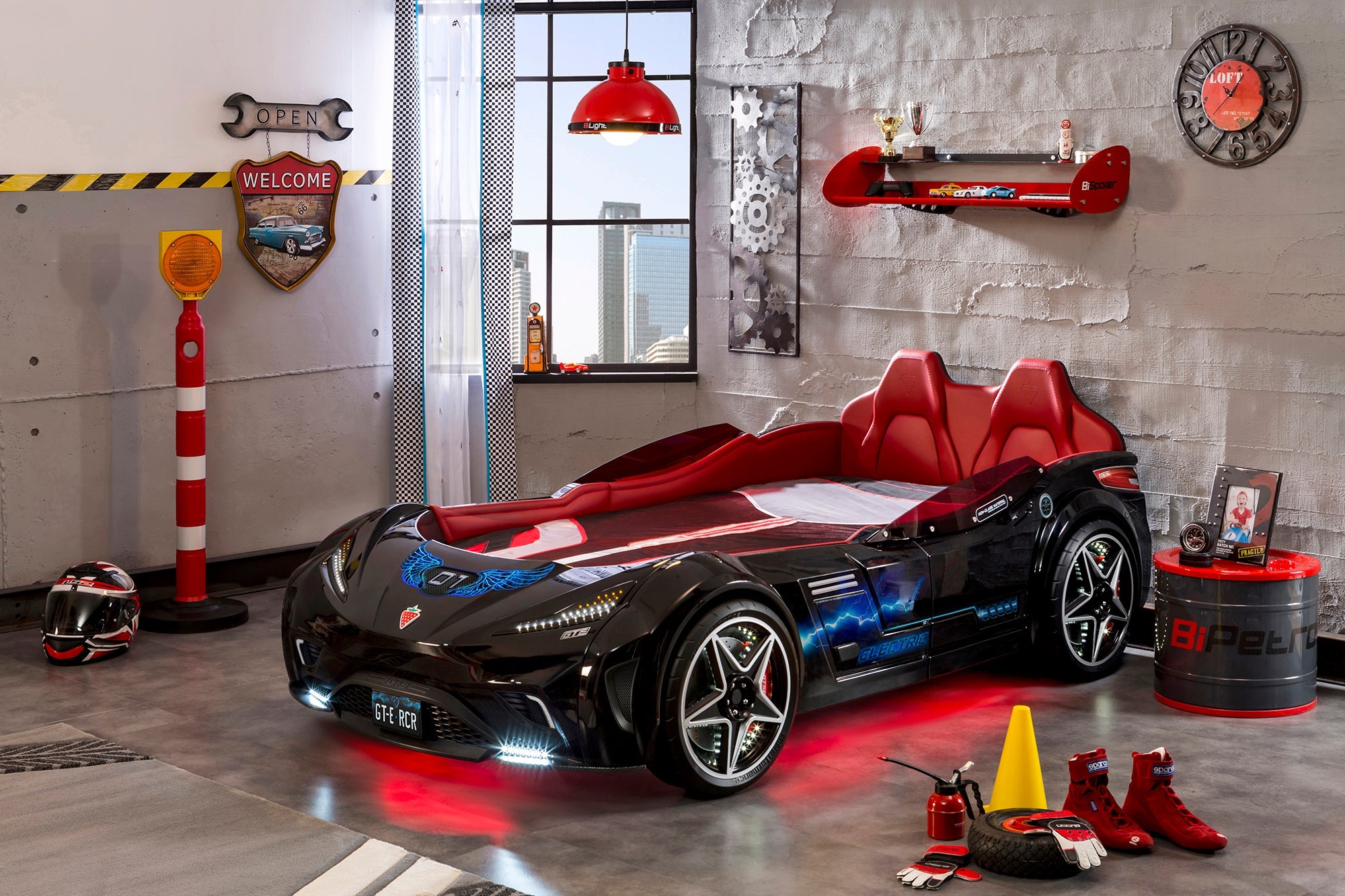 Легло-кола «GTE» + звук и LED осветление, с кожена тапицерия, цвят черен, за матрак 100х190см