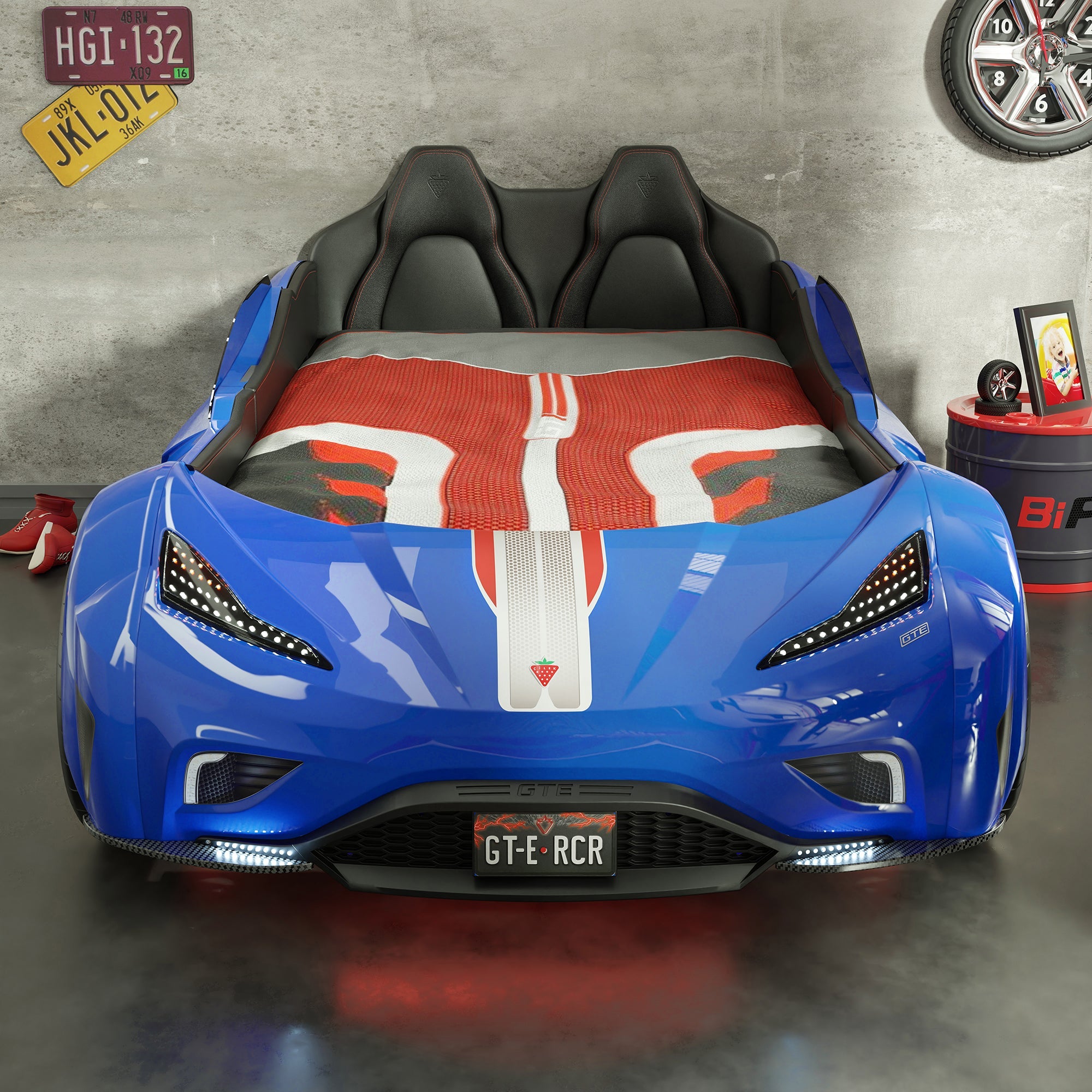 Легло-кола «GTE» + звук и LED осветление, с кожена тапицерия, цвят син, за матрак 100х190см