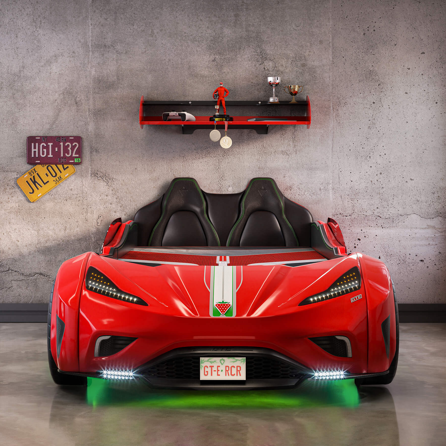 Легло-кола «GTE» + звук и LED осветление, с кожена тапицерия, цвят червен, за матрак 100х190см