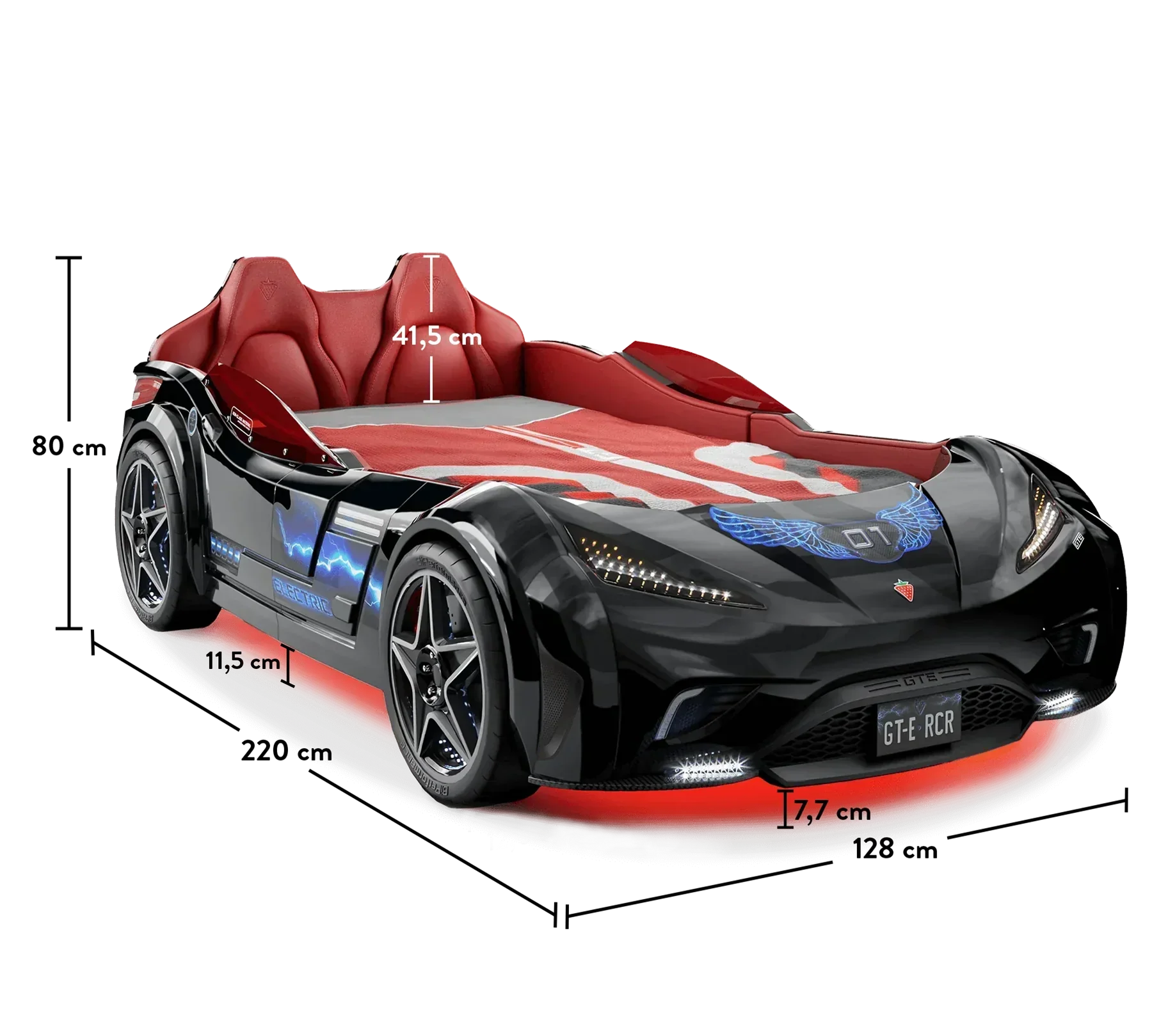 Легло-кола «GTE» + звук и LED осветление, с кожена тапицерия, цвят черен, за матрак 100х190см