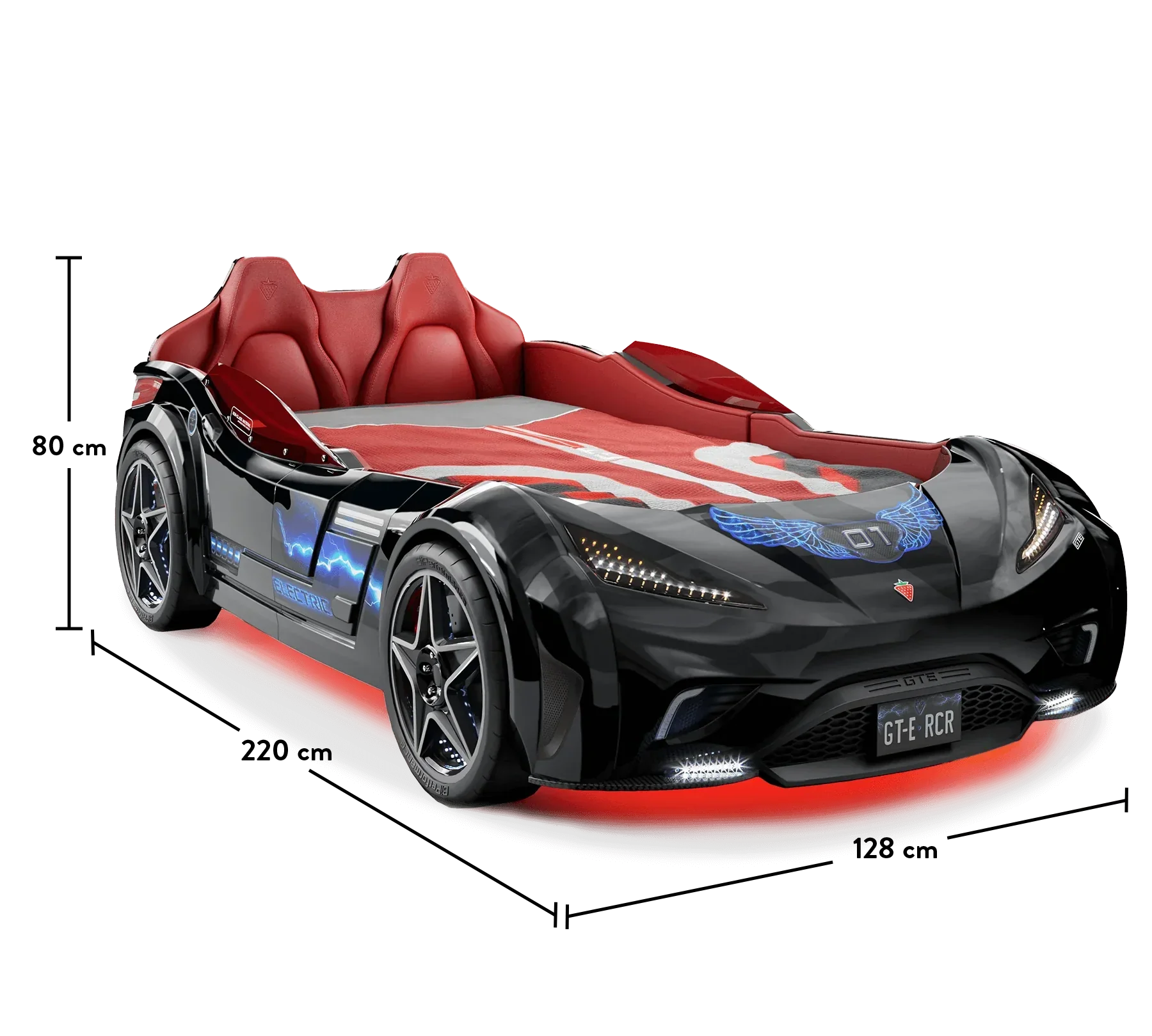 Легло-кола «GTE» + звук и LED осветление, с кожена тапицерия, цвят черен, за матрак 100х190см