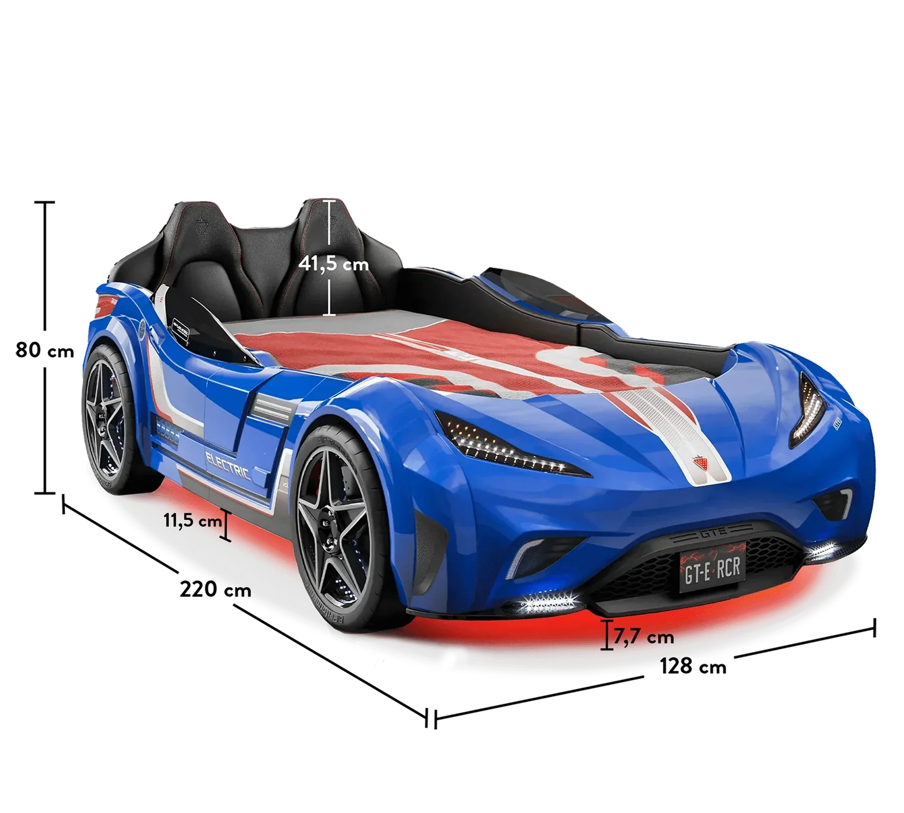 Легло-кола «GTE» + звук и LED осветление, с кожена тапицерия, цвят син, за матрак 100х190см