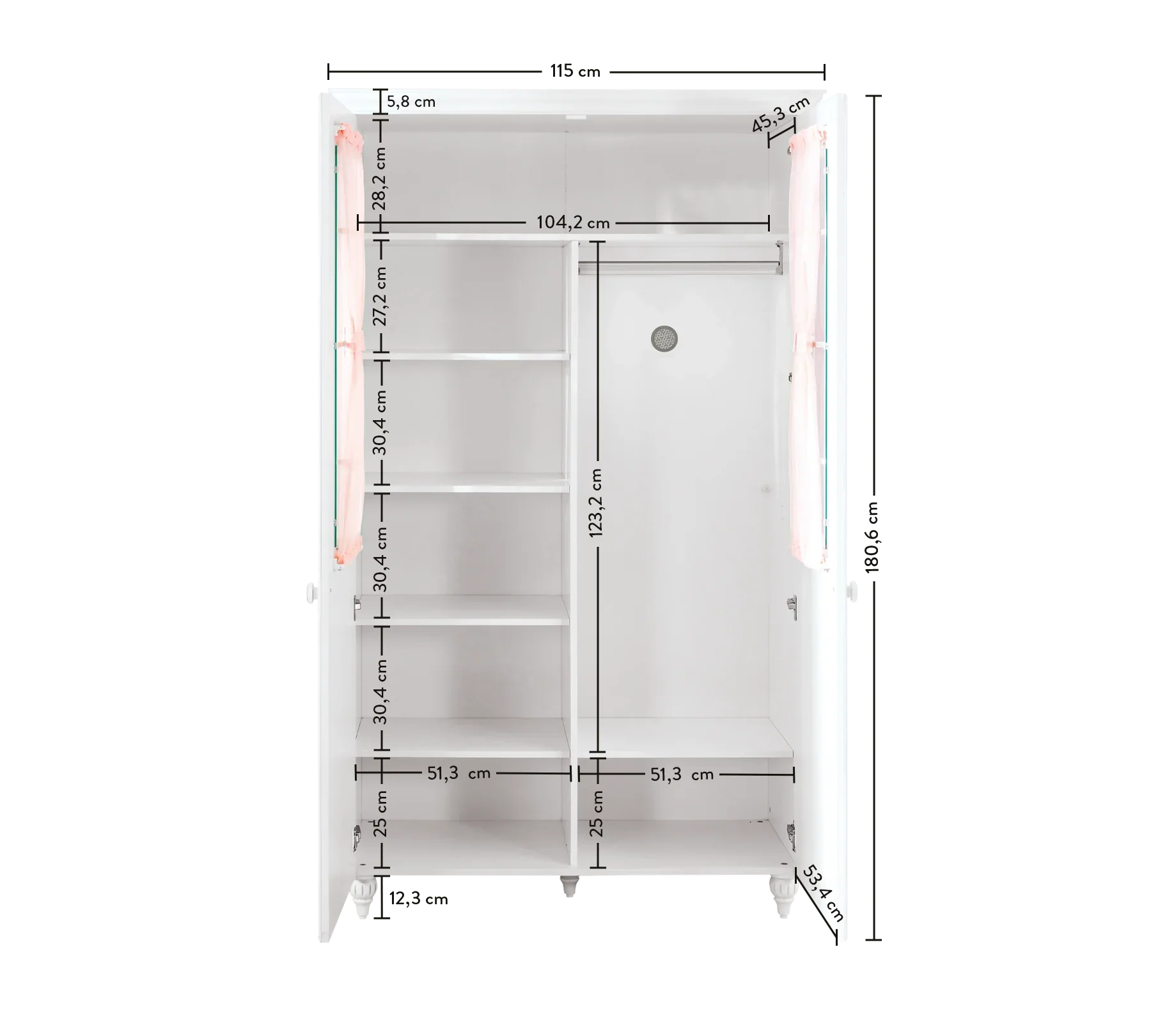 Двукрилен гардероб «Romantica» - стъклени врати, рафтове, ширина 115см