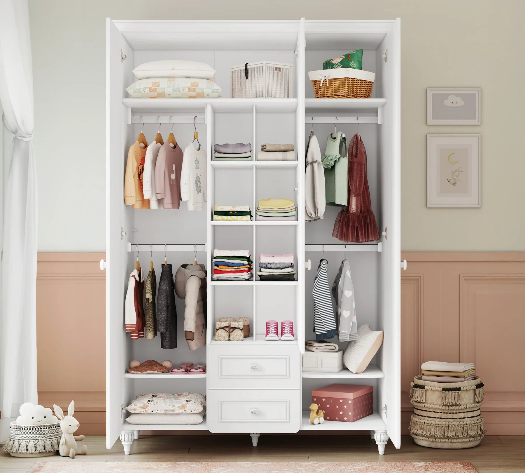 Детски трикрилен гардероб «Romantic baby» с огледална врата, ширина 136см