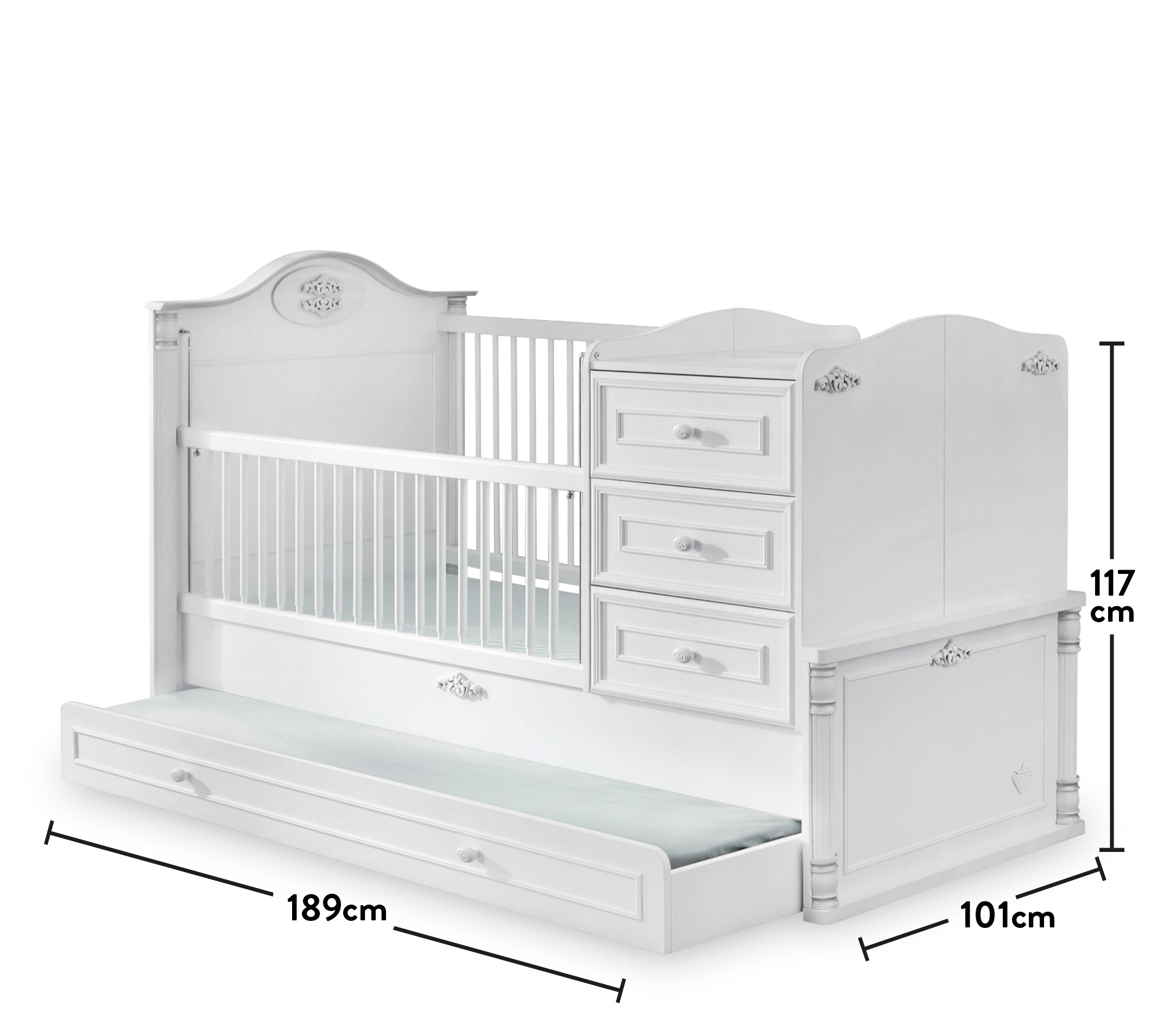 Трансформираща се бебешка кошара - легло «Romantic» + издърпващо се легло, за матраци 80x130см и 80x180cm