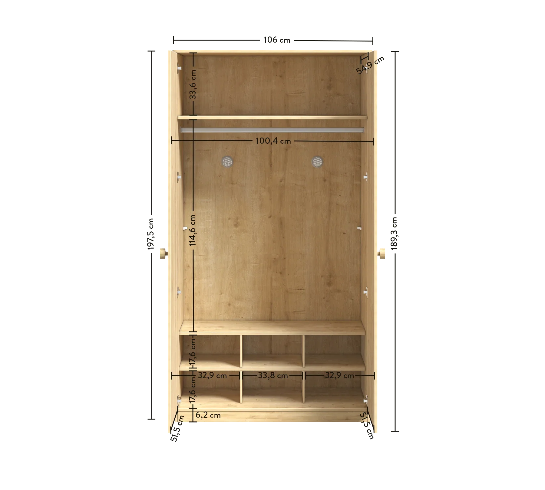 Двукрилен гардероб «Mocha»- рафтове, ширина 106см