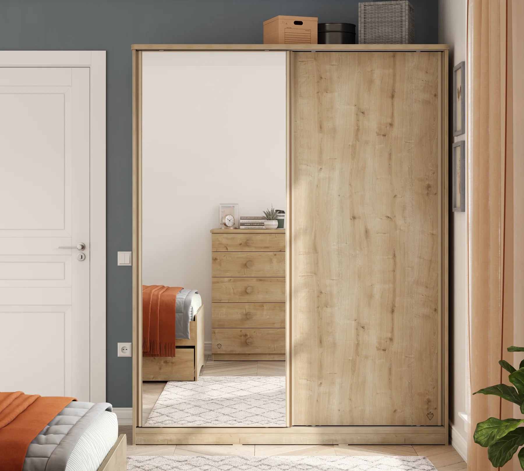 Гардероб с плъзгащи врати «Mocha» с огледална врата, със защита против преобръщане и вентилация, ширина 164см