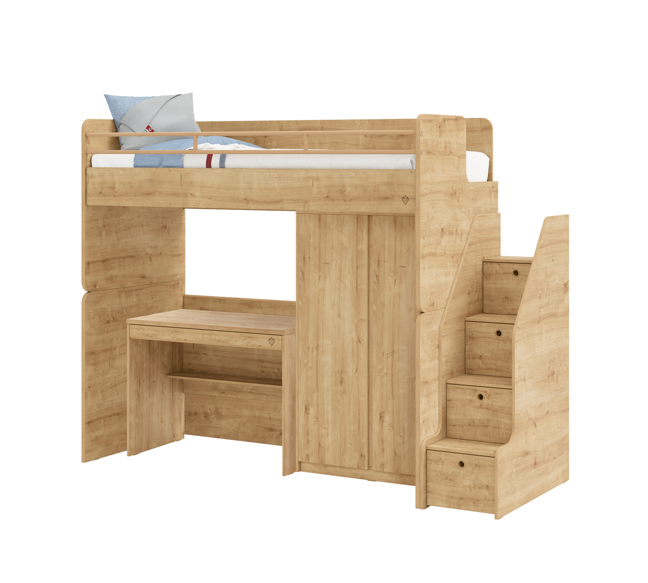 Модулно двуетажно легло «Studio» - Сет 5, с легло, бюро, гардероб и стълби с чекмеджета