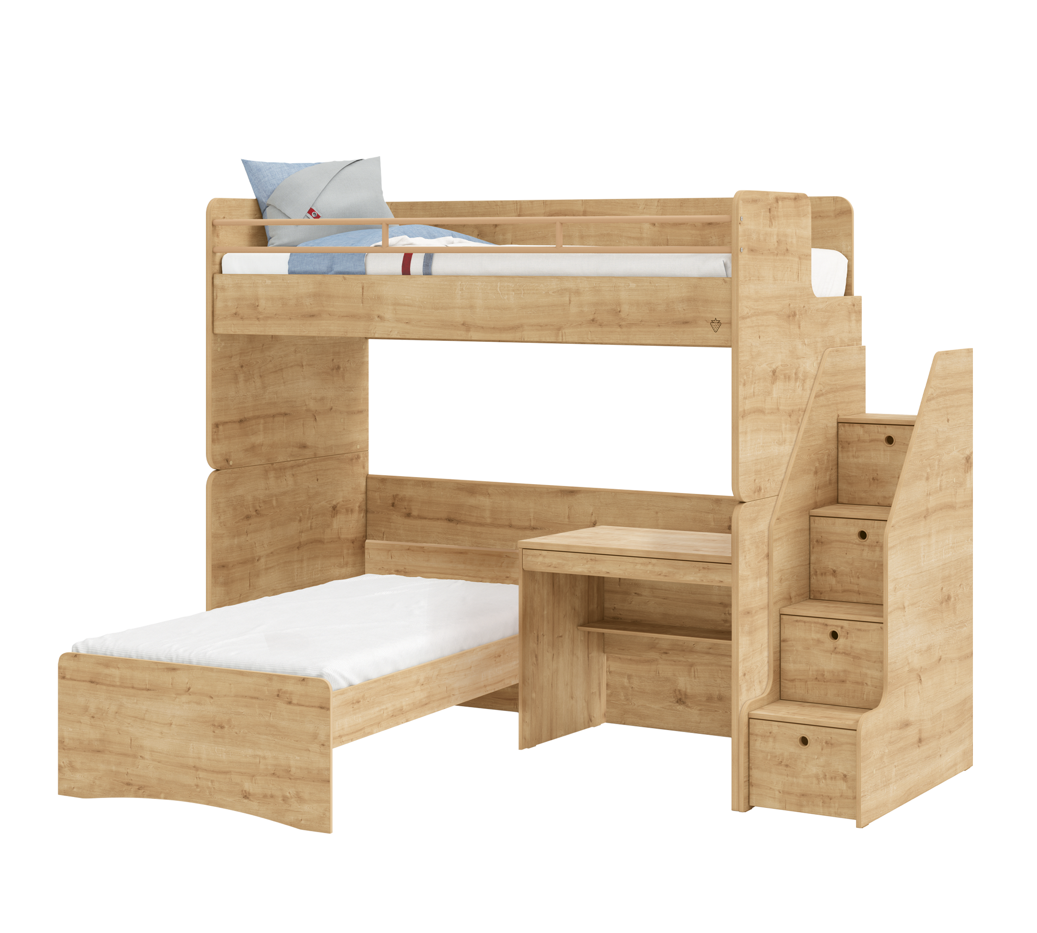 Модулно двуетажно легло «Studio» - Сет 7, с две легла, бюро и стълби с чекмеджета