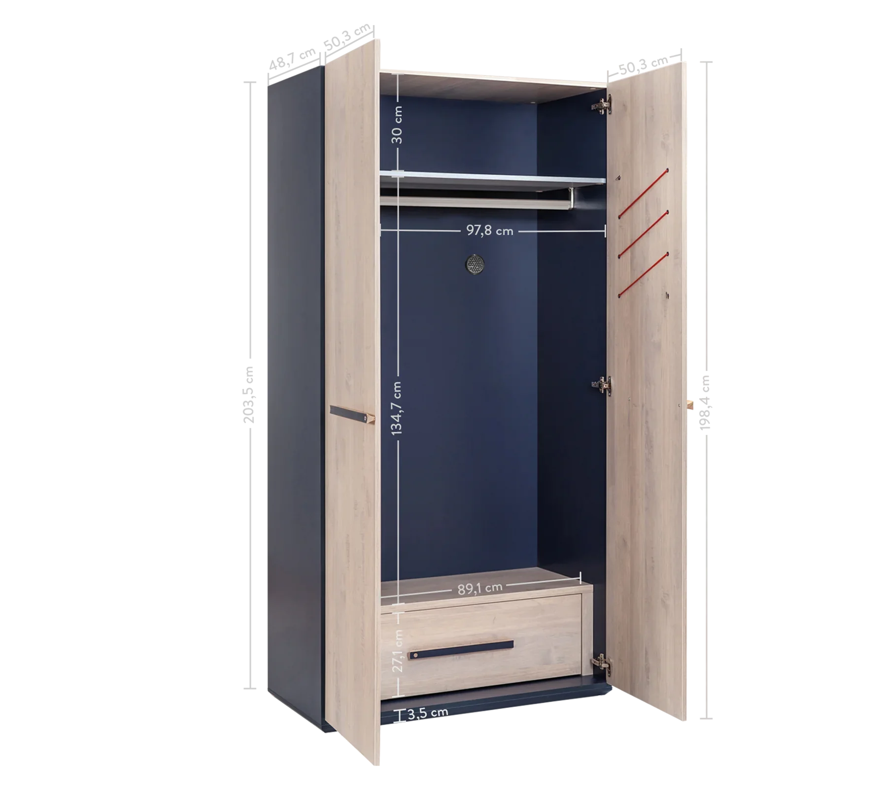 Двукрилен гардероб «Trio» - чекмеджета, ширина 101см