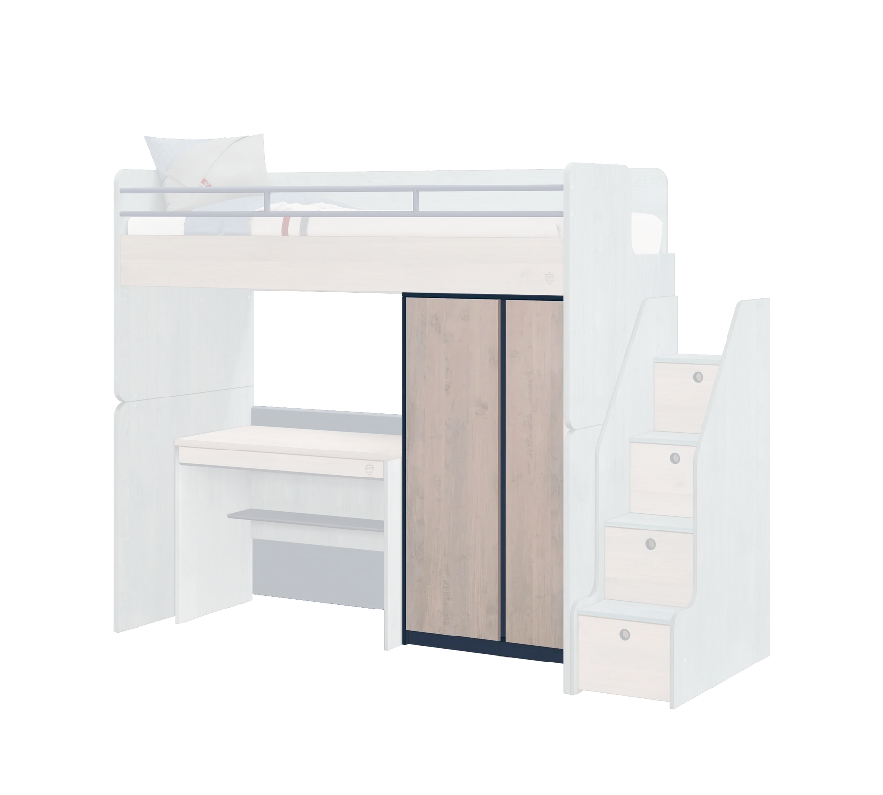 Модулно двуетажно легло «Studio Trio» - Сет 5, с горно легло, бюро и стълби с чекмеджета