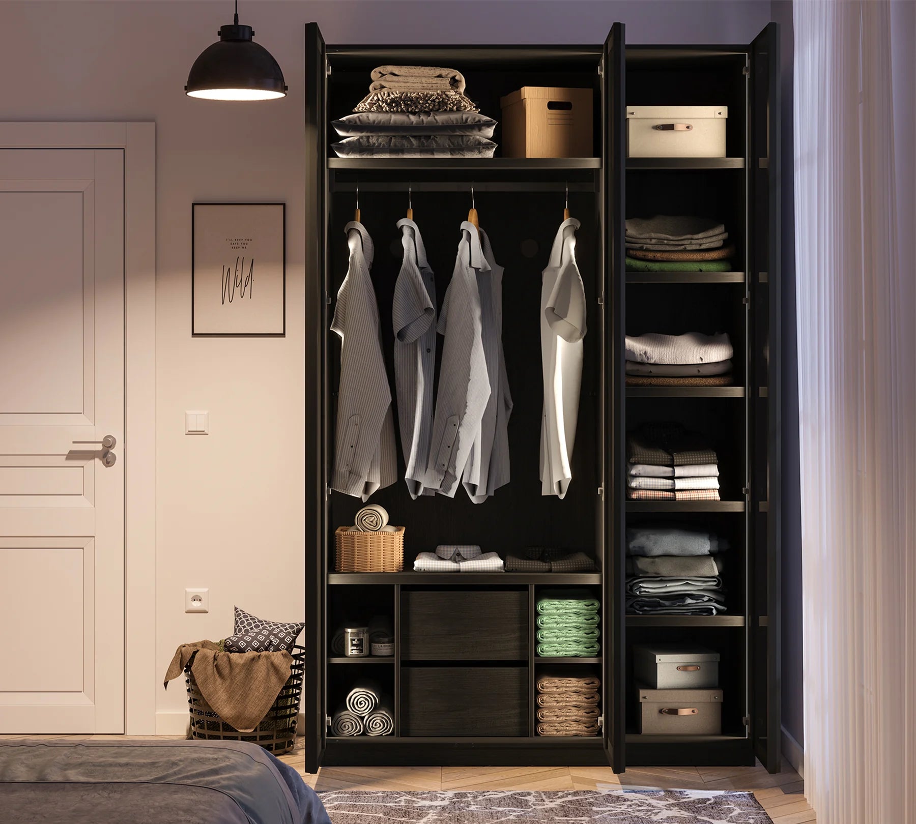 Модулен гардероб «Black» - 4 модула, стъклени врати, със защита против преобръщане и вентилация