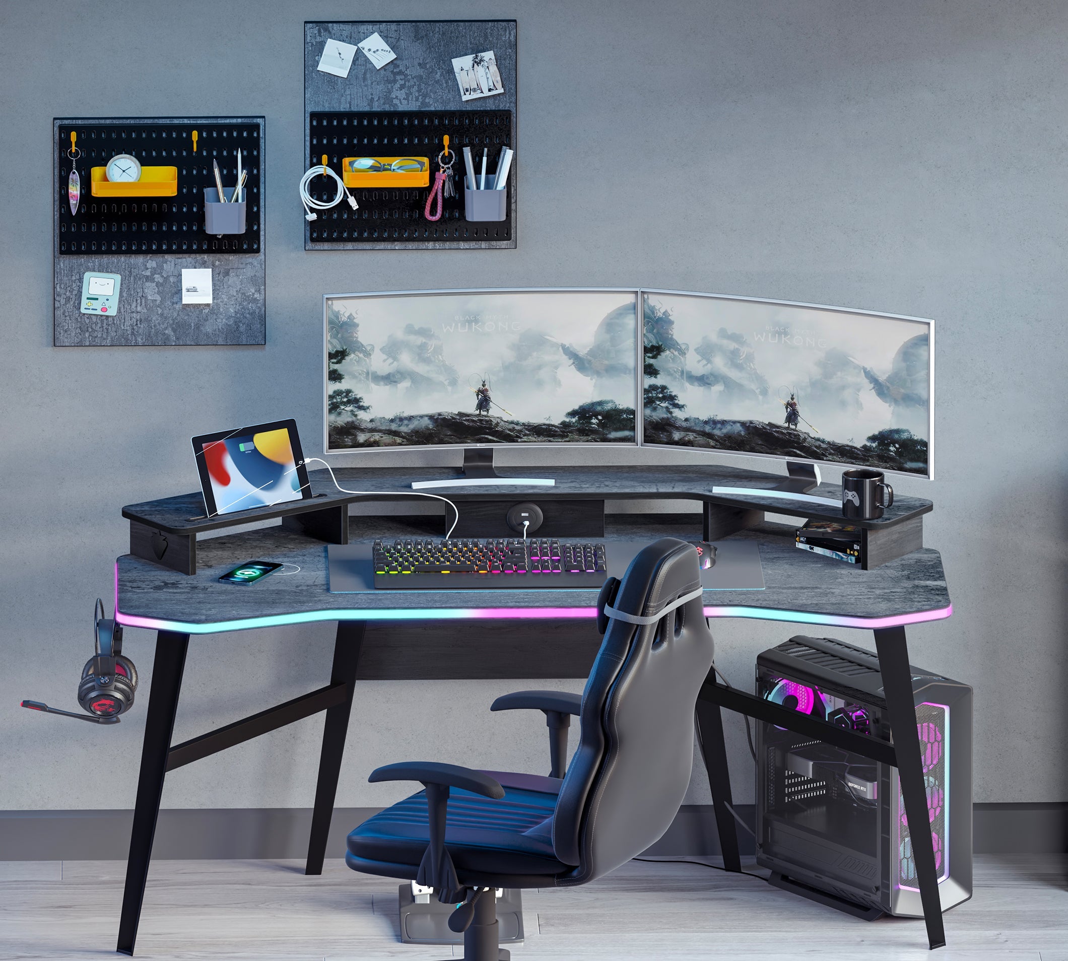 Геймърско бюро «Dark Metal» с LED осветление, USB зарядна станция, размер 142х154х72см