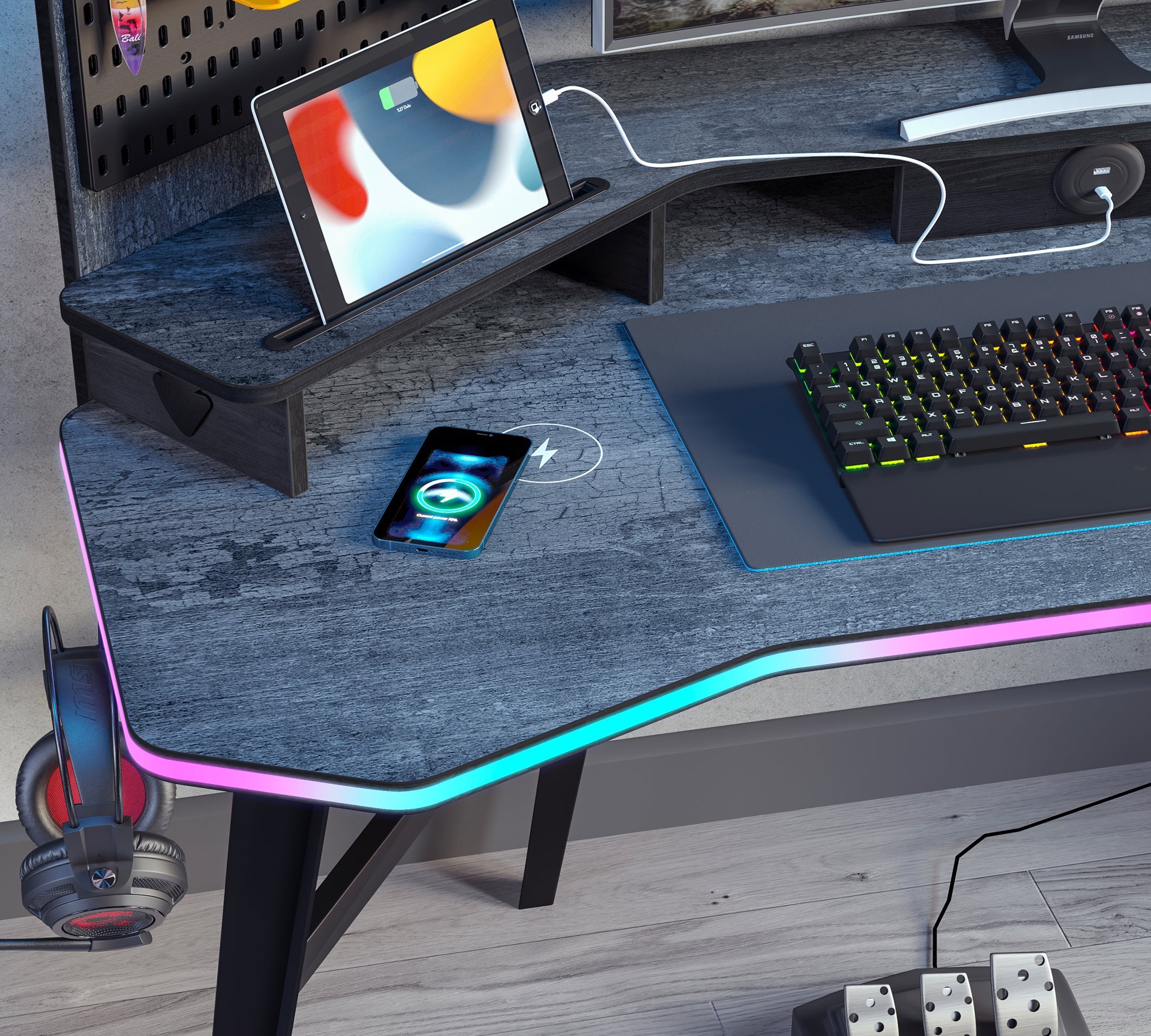 Геймърско бюро «Dark Metal» с LED осветление, USB зарядна станция, размер 142х154х72см