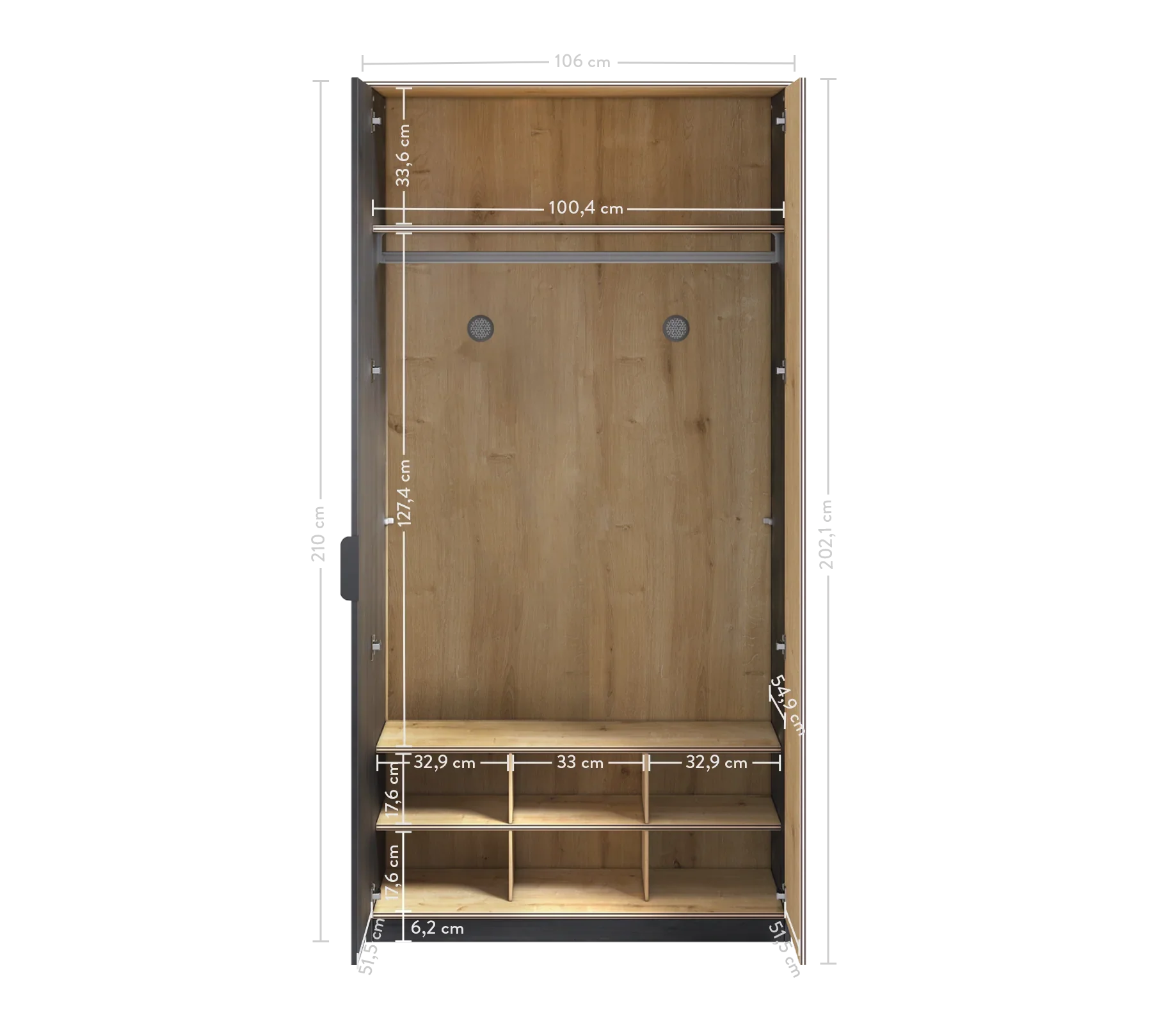 Двукрилен гардероб «Black» - рафтове и лост, ширина 106см