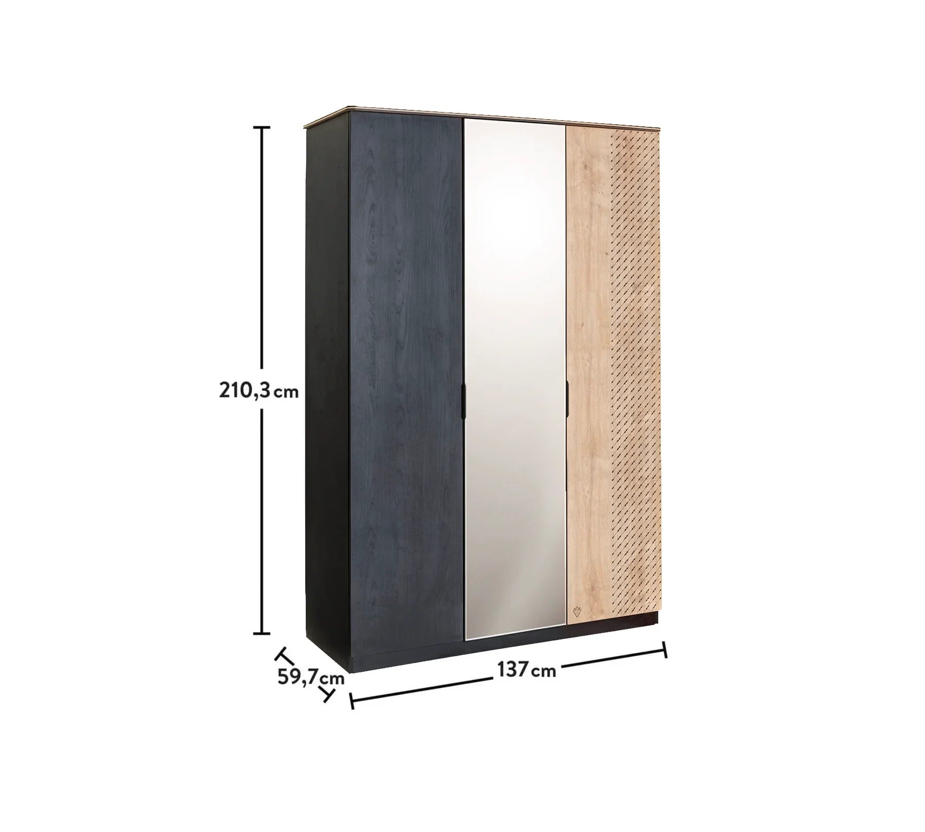 Трикрилен гардероб «Black» с огледална врата, ширина 137см
