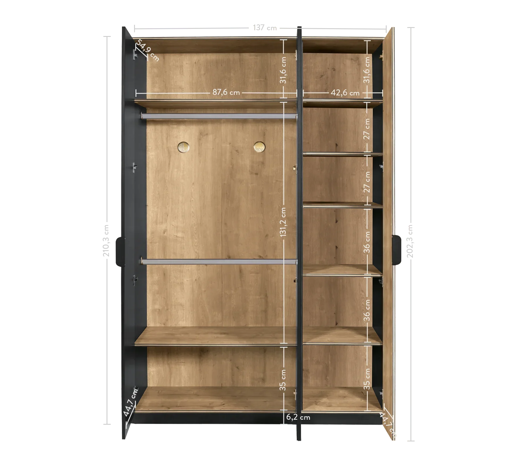 Трикрилен гардероб «Black» с огледална врата, ширина 137см