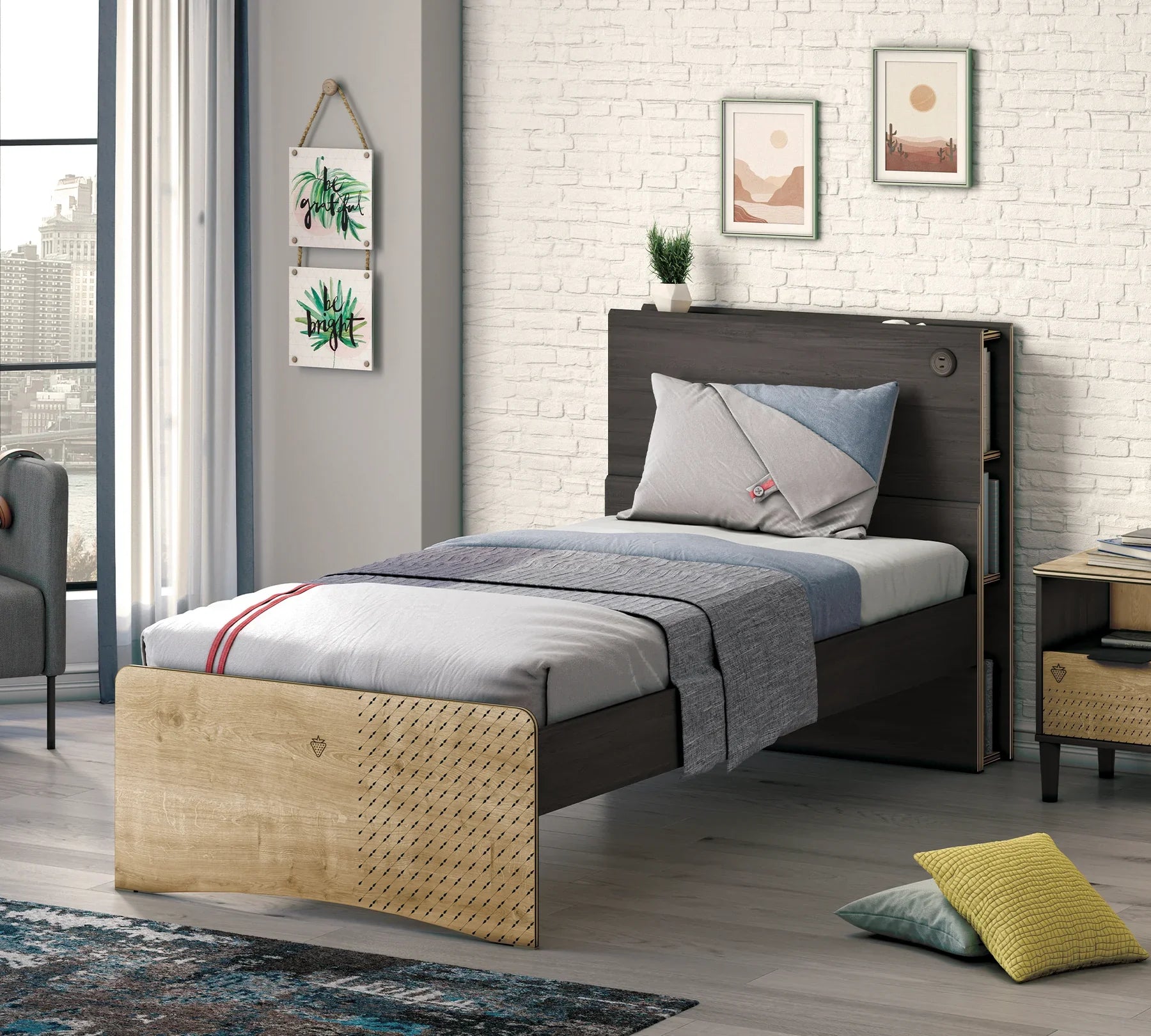 Табла за легло «Black» с рафтове за книги, с USB зарядна станция