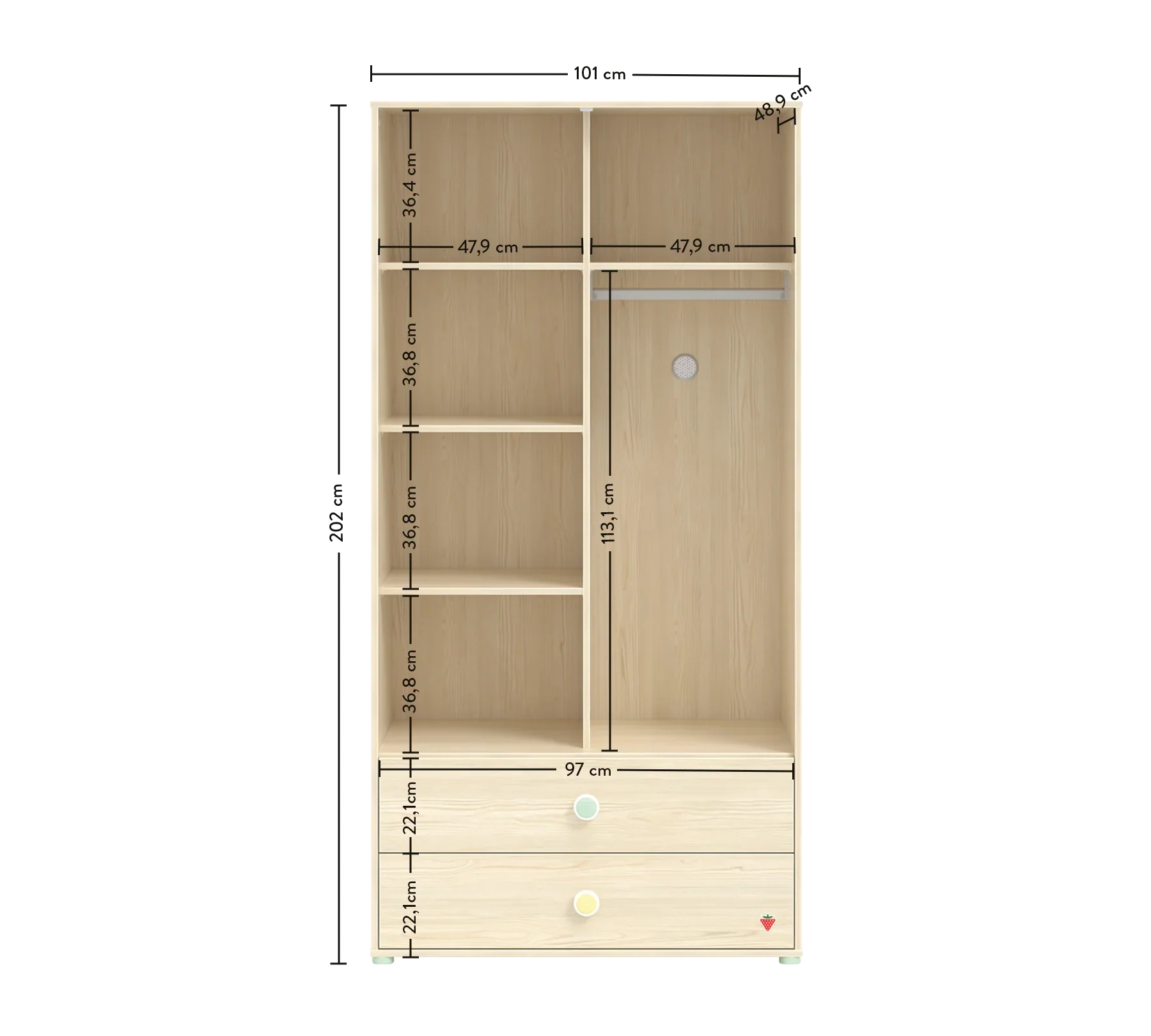 Двукрилен гардероб «Montes Natural» - чекмеджета, ширина 101см