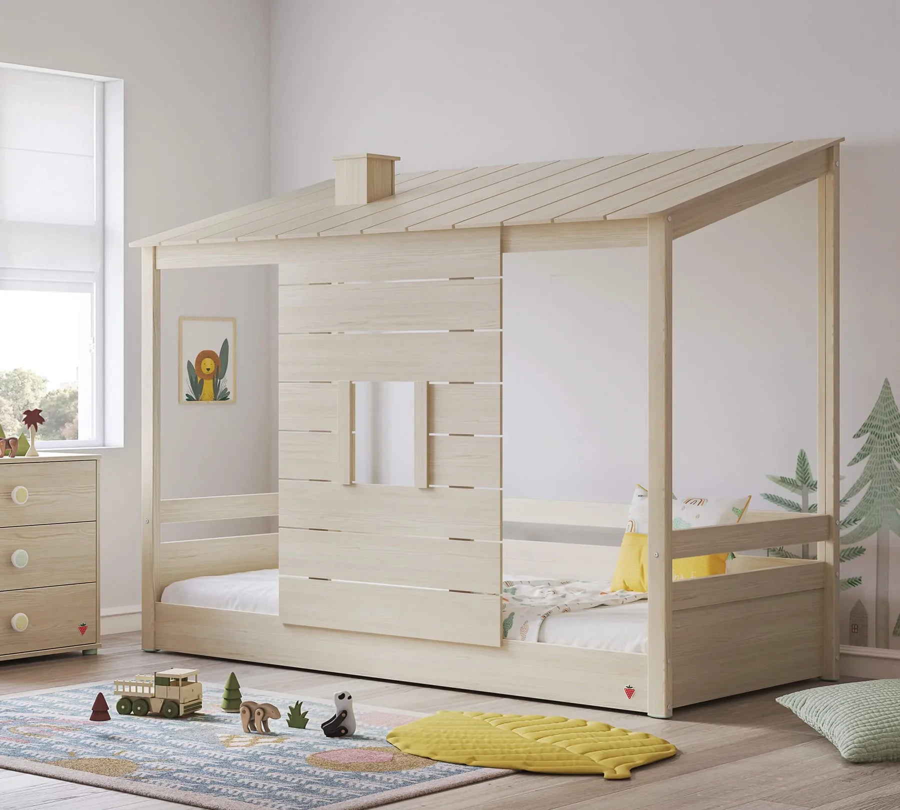 Легло - къщичка «Montes Natural» с дървен покрив, за матрак 90х200см