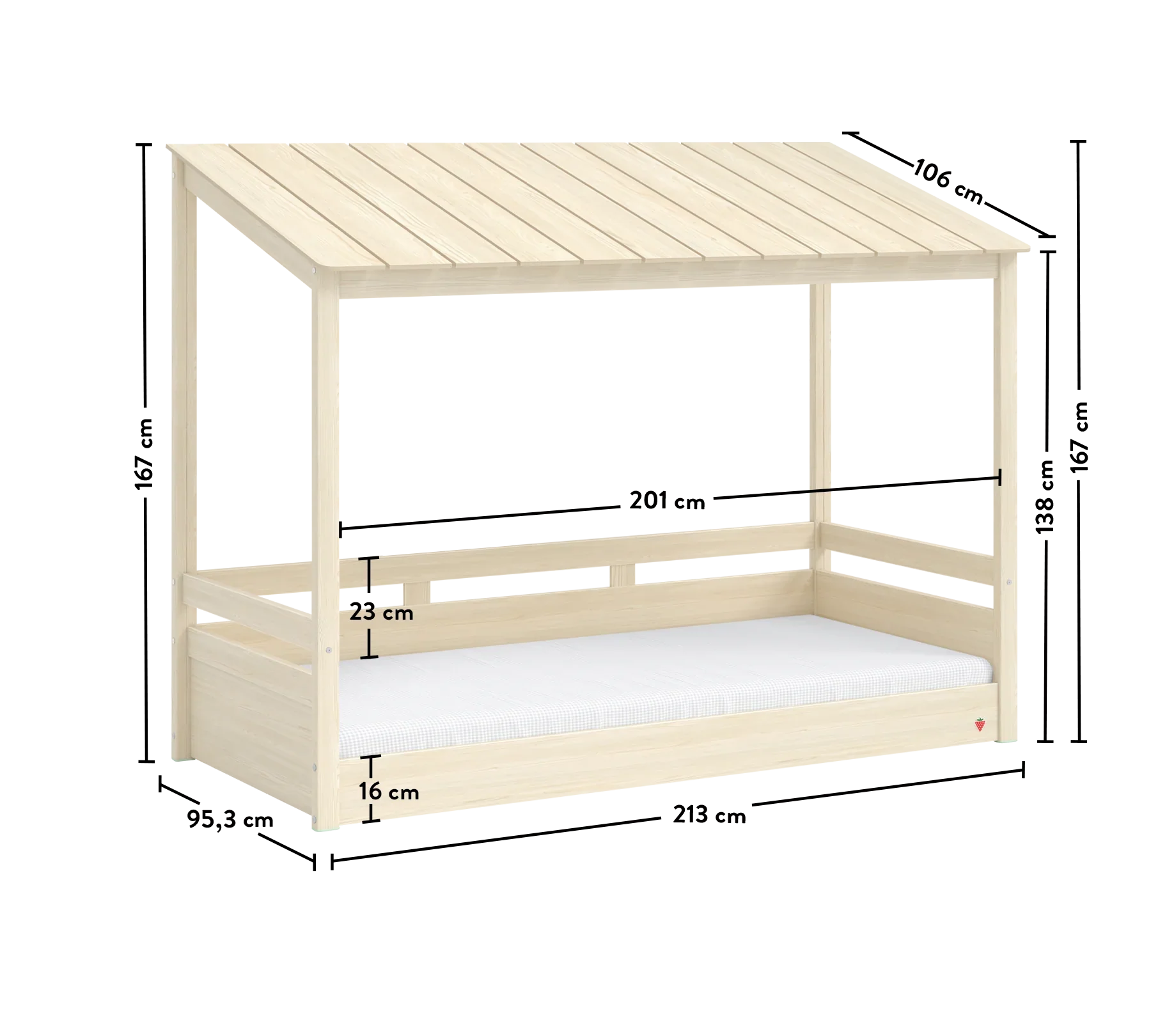 Легло - къщичка «Montes Natural» с дървен покрив, за матрак 90х200см