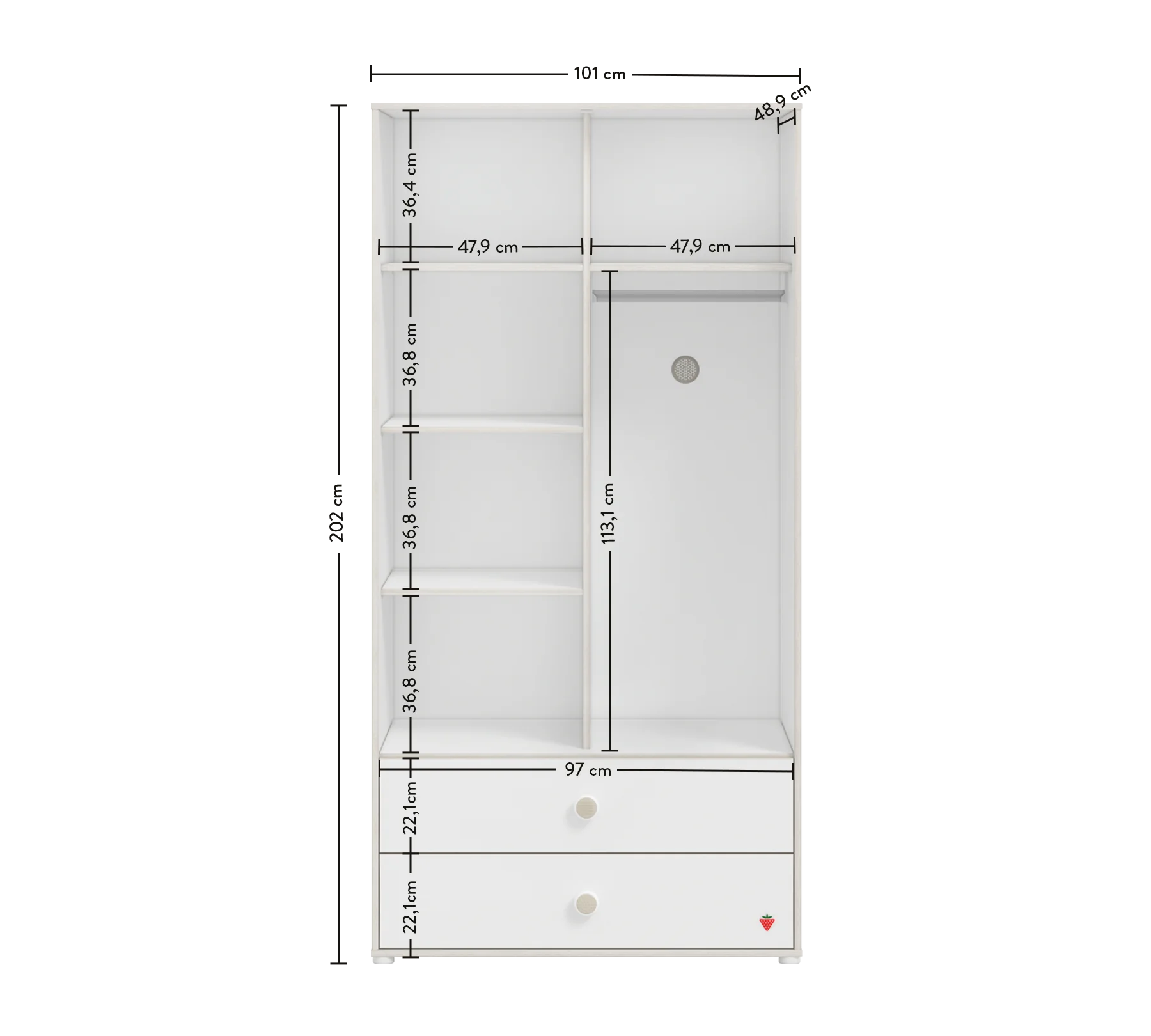 Двукрилен гардероб «Montes White» - чекмеджета, ширина 101см