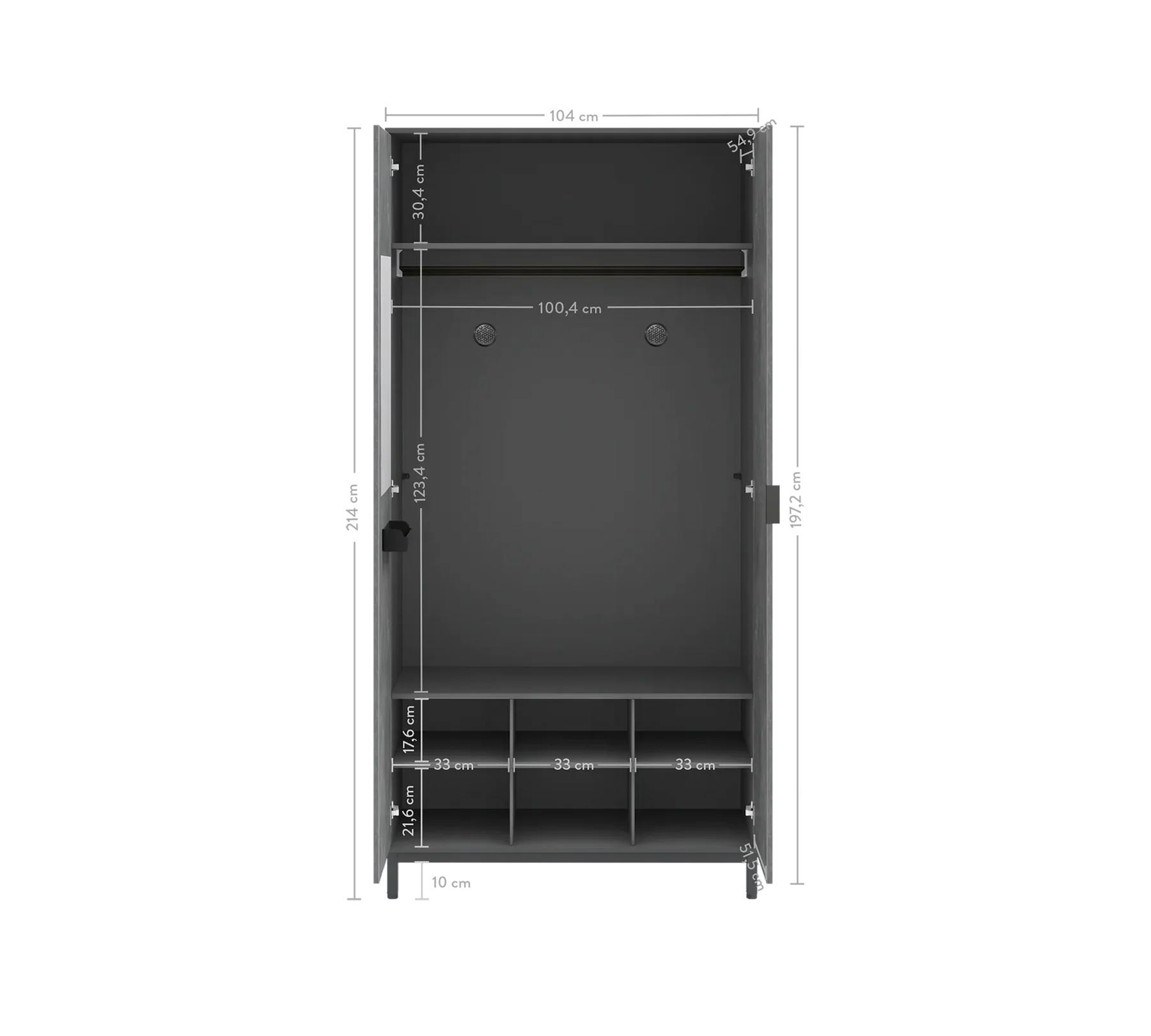 Двукрилен гардероб «Space Gray» - рафтове, ширина 104см