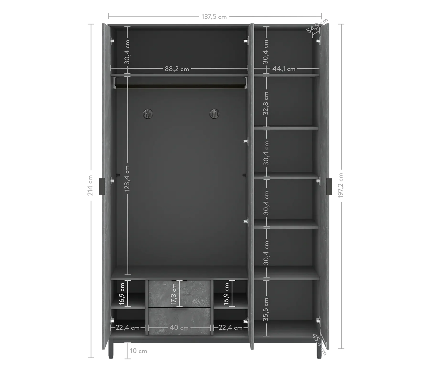 Трикрилен гардероб «Space Gray» с огледална врата, ширина 138см